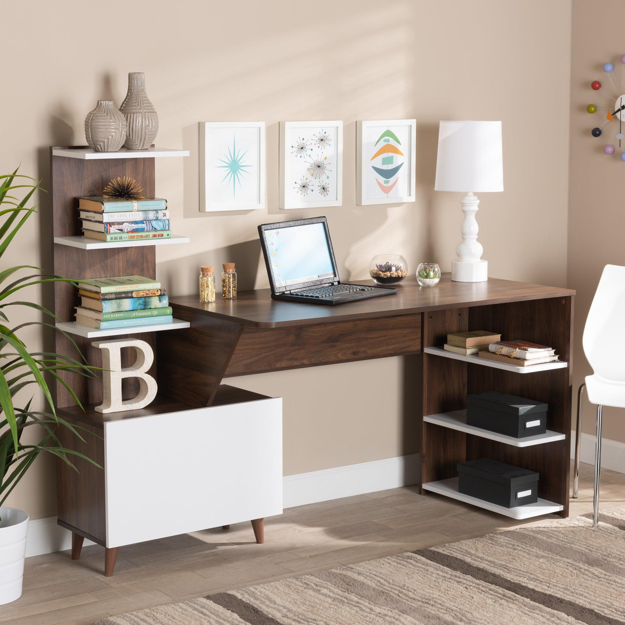 Tobias Mid-Century Modern Two-Tone and Finished Wood Storage Computer Desk with Shelves