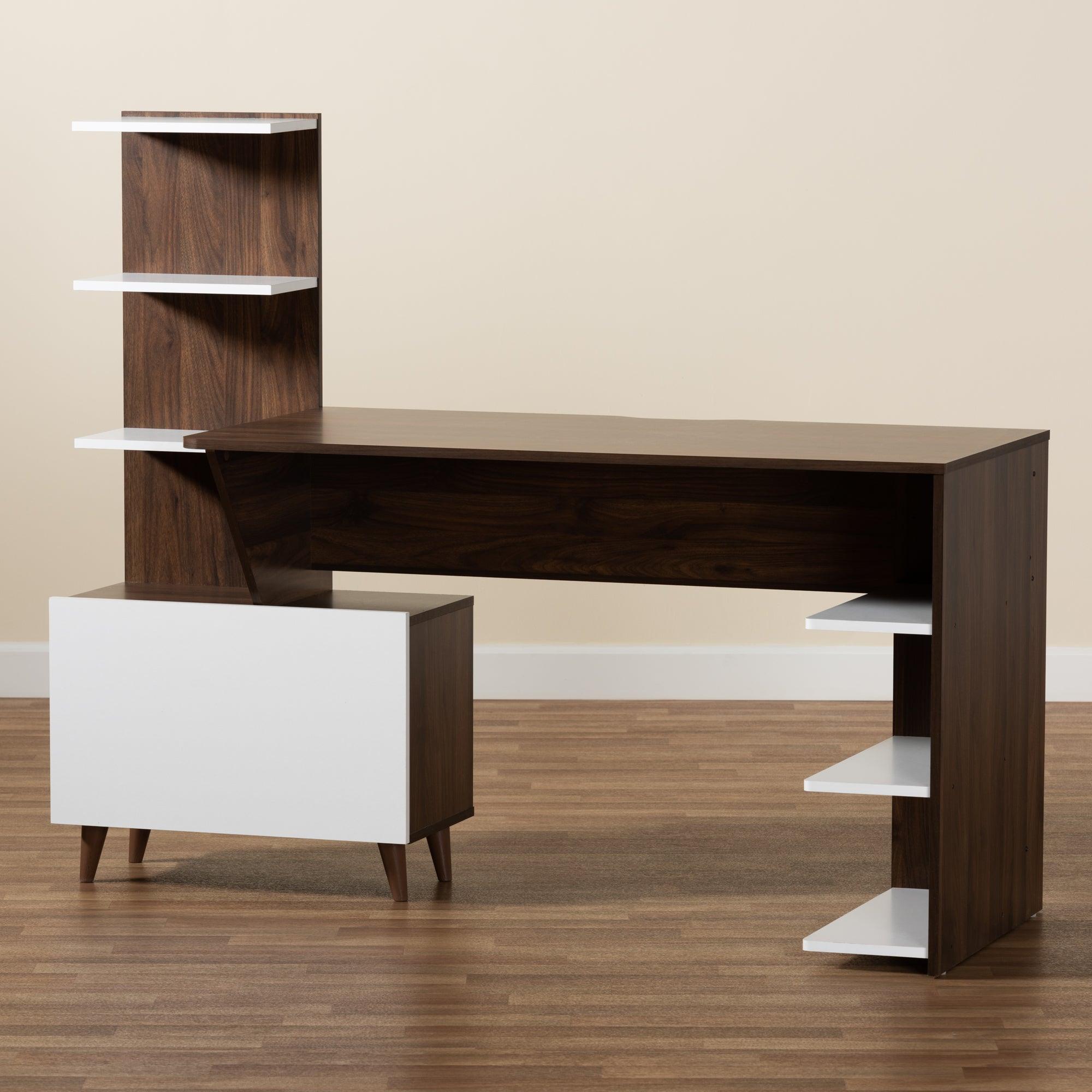 Tobias Mid-Century Modern Two-Tone and Finished Wood Storage Computer Desk with Shelves