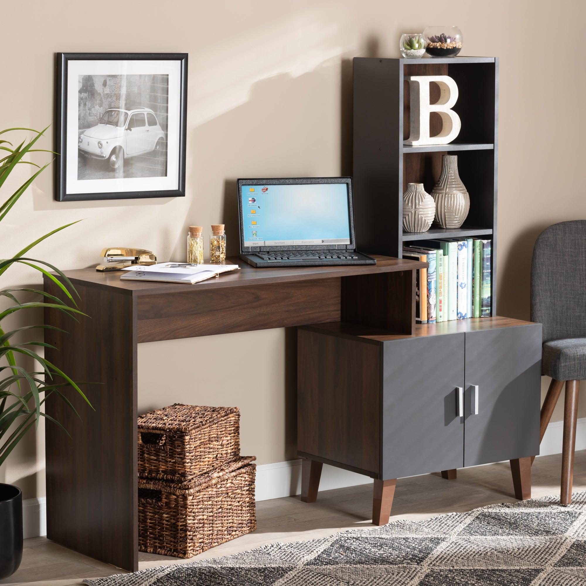 Jaeger Modern and Contemporary Two-Tone and Dark Finished Wood Storage Desk with Shelves