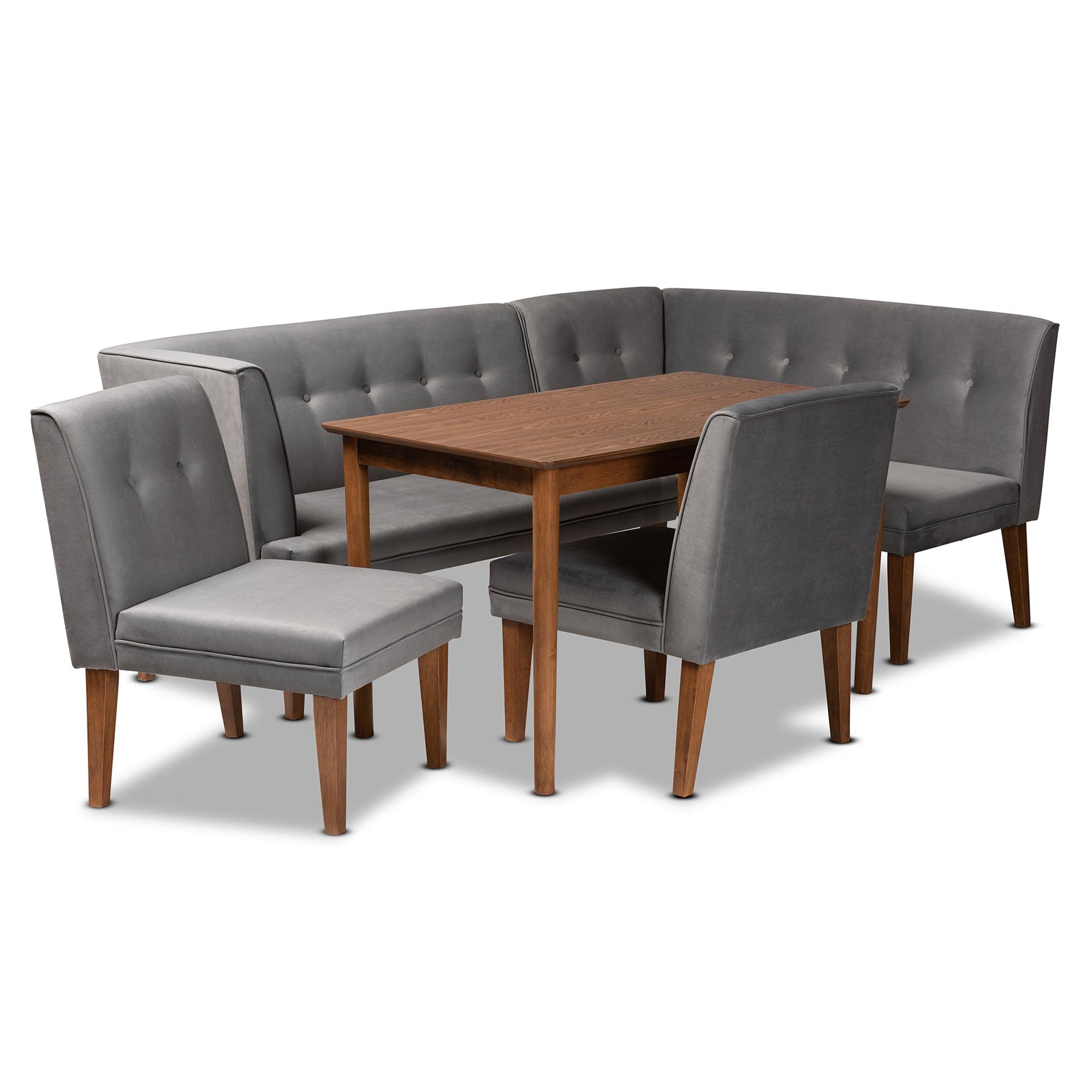 Stewart Mid-Century Modern Velvet Upholstered and Finished Wood 5-Piece Dining Set