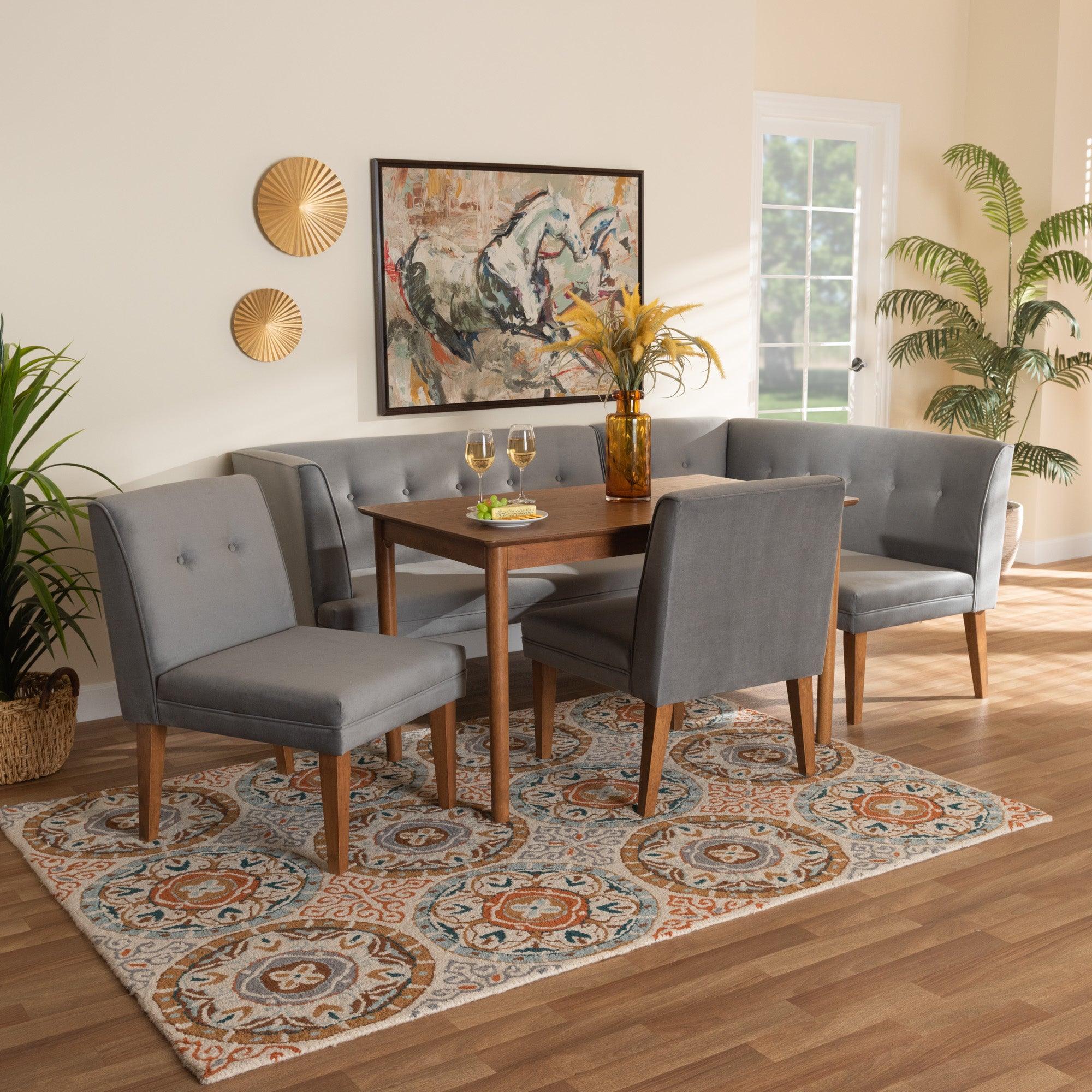 Stewart Mid-Century Modern Velvet Upholstered and Finished Wood 5-Piece Dining Set