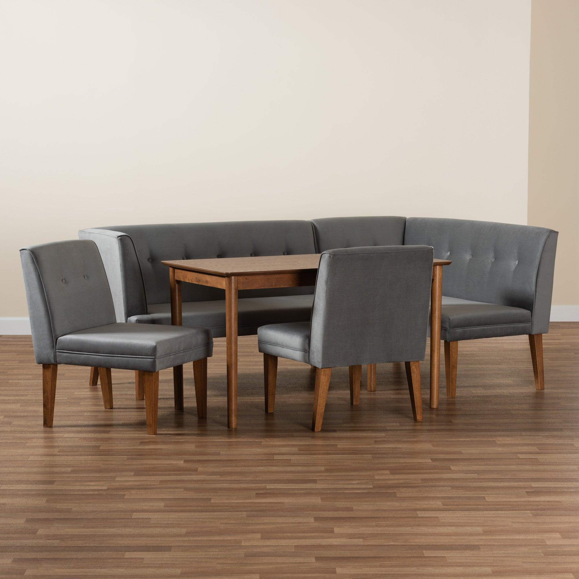 Stewart Mid-Century Modern Velvet Upholstered and Finished Wood 5-Piece Dining Set