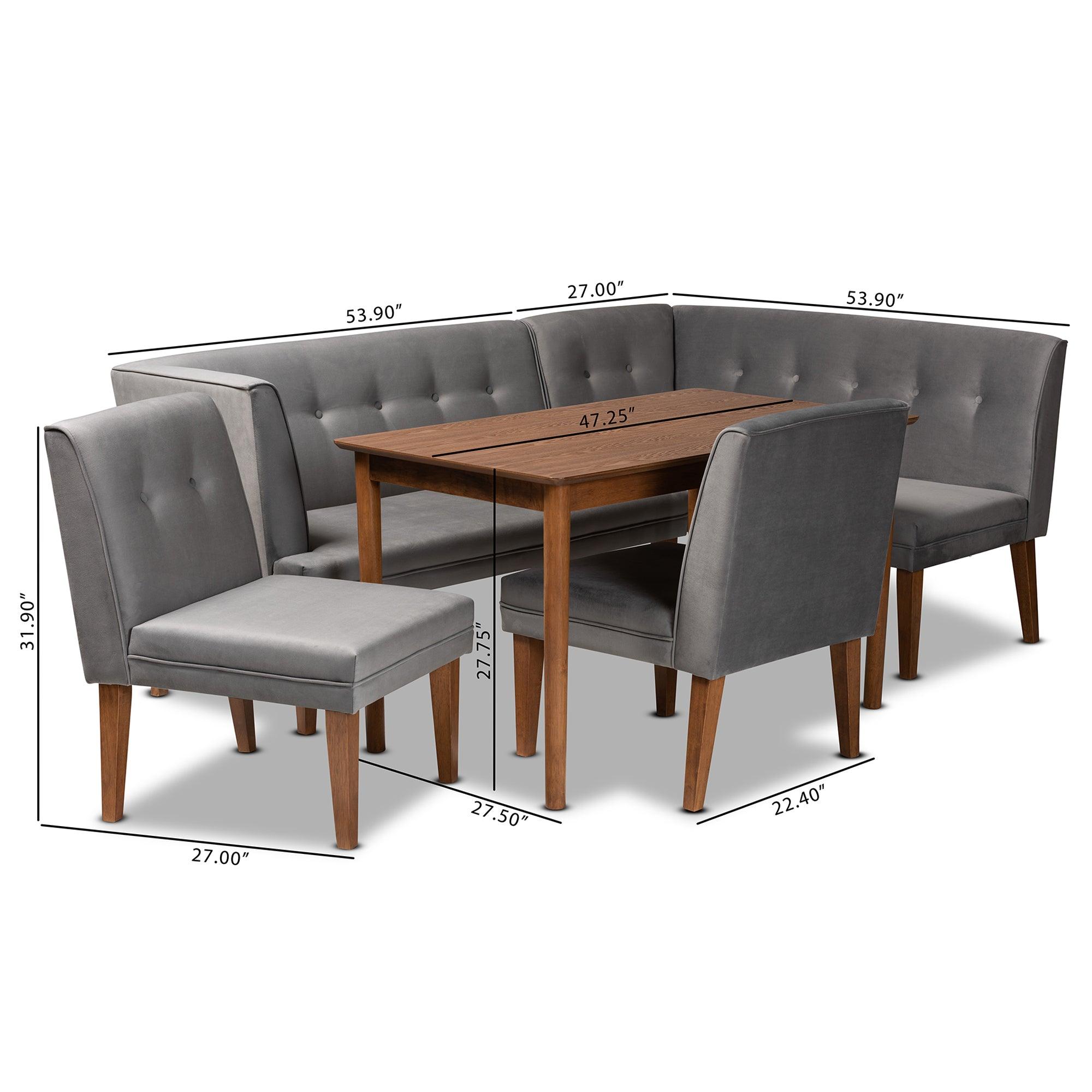 Stewart Mid-Century Modern Velvet Upholstered and Finished Wood 5-Piece Dining Set