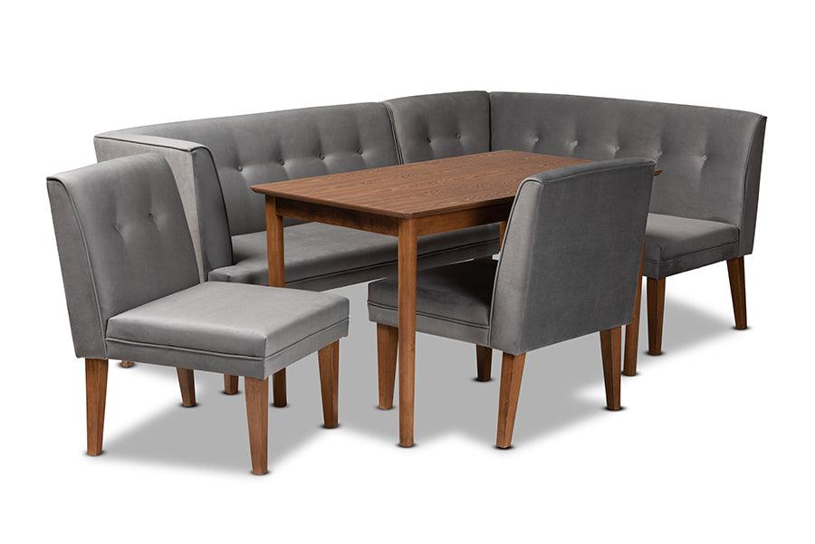 Stewart Mid-Century Modern Velvet Upholstered and Finished Wood 5-Piece Dining Set