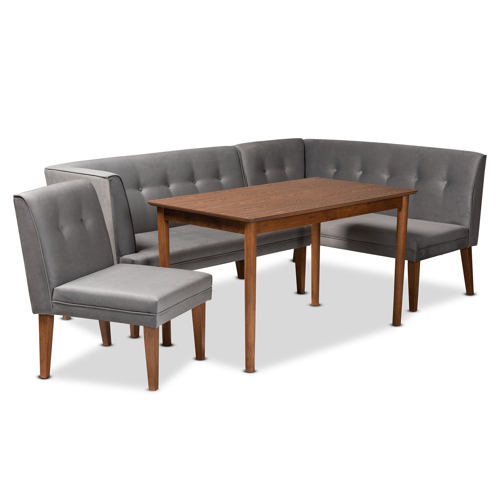 Stewart Mid-Century Modern Velvet Upholstered and Finished Wood 4-Piece Dining Nook Set