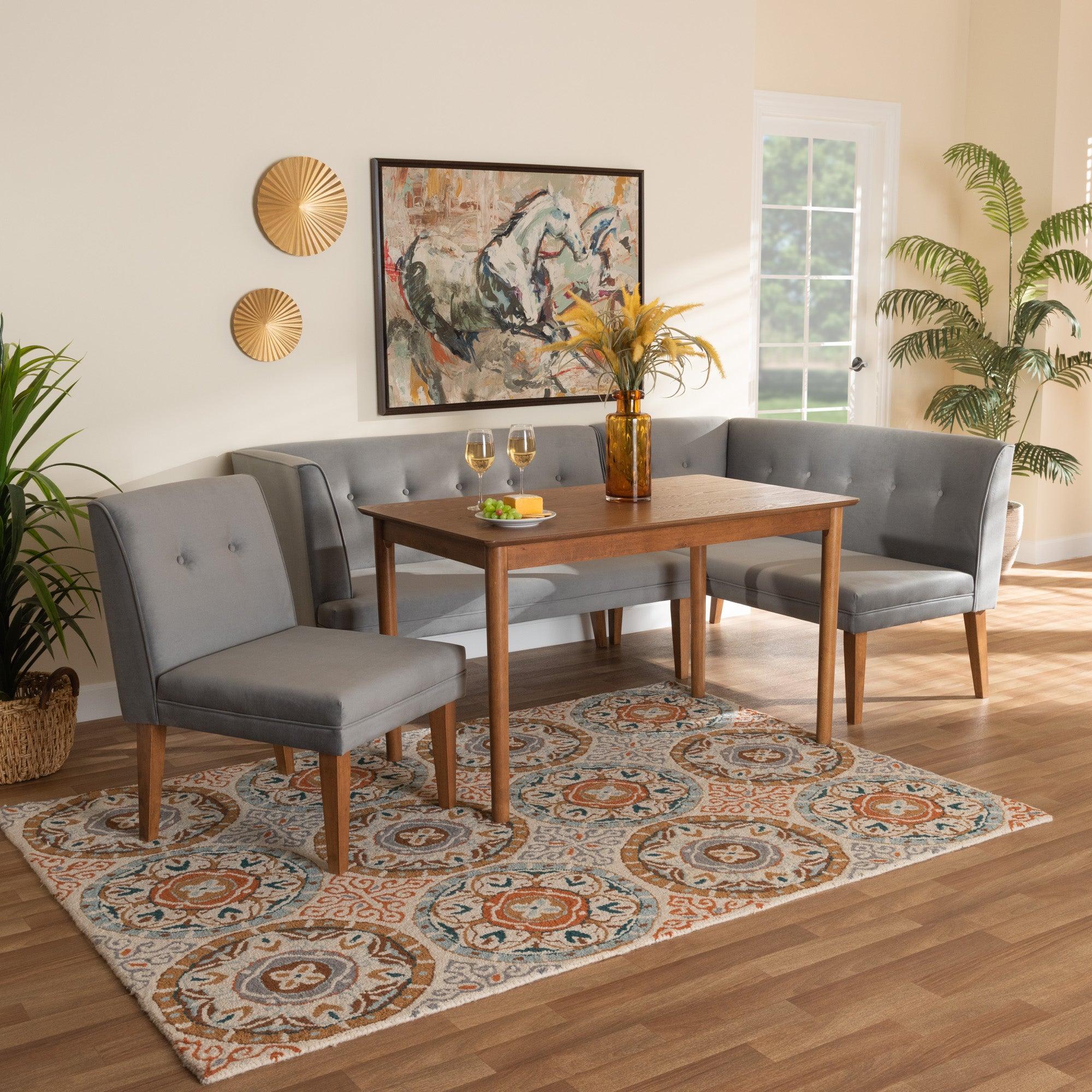 Stewart Mid-Century Modern Velvet Upholstered and Finished Wood 4-Piece Dining Nook Set