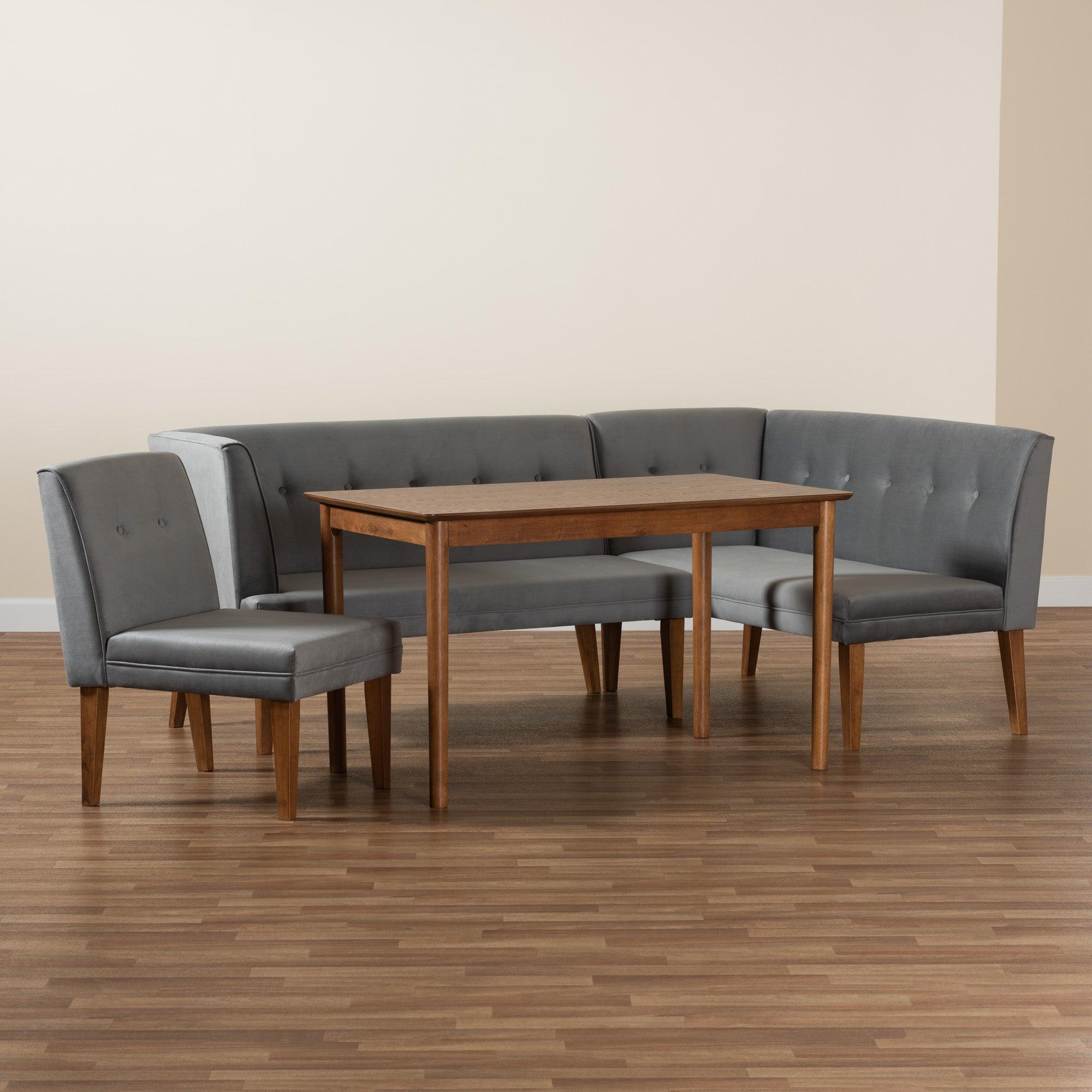 Stewart Mid-Century Modern Velvet Upholstered and Finished Wood 4-Piece Dining Nook Set