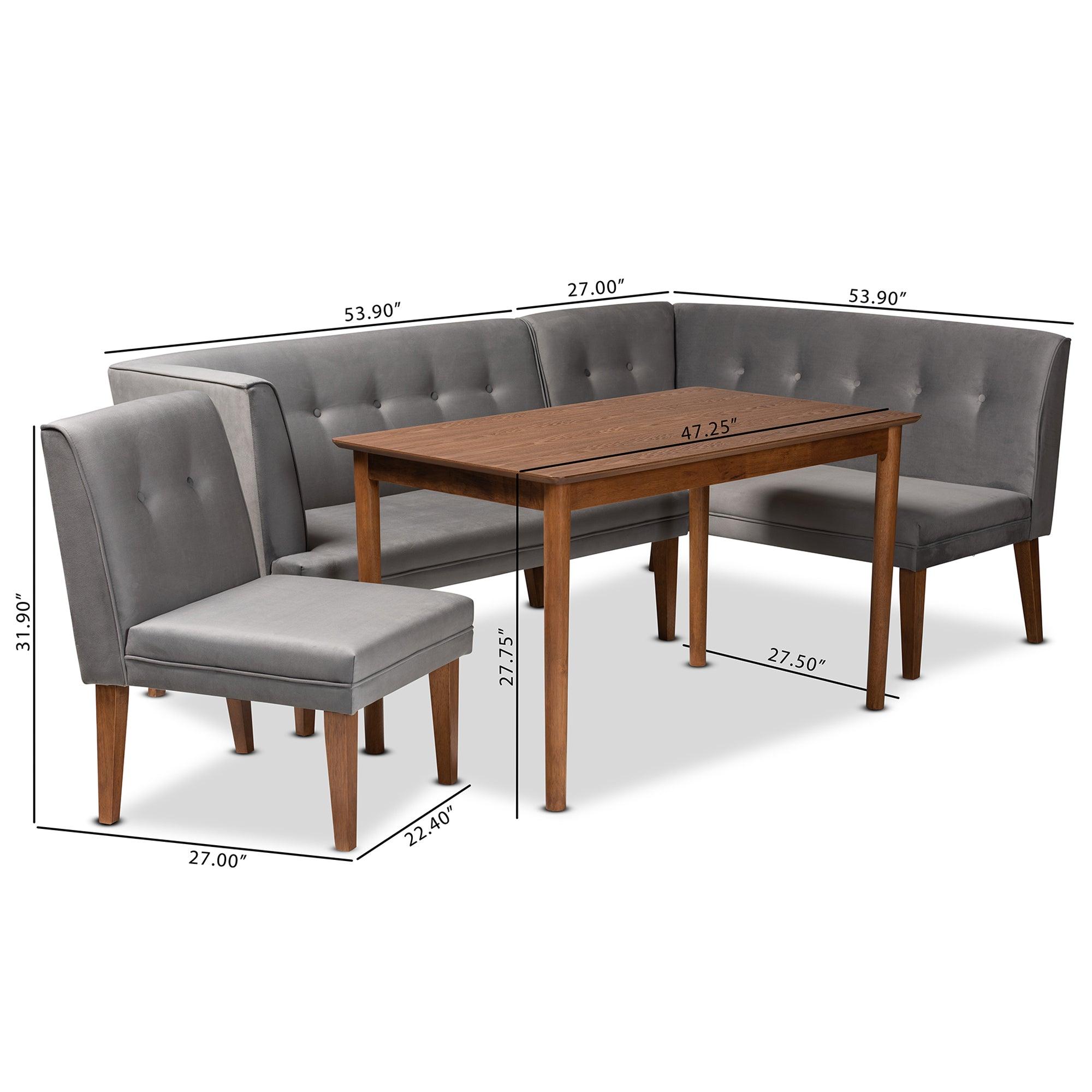 Stewart Mid-Century Modern Velvet Upholstered and Finished Wood 4-Piece Dining Nook Set