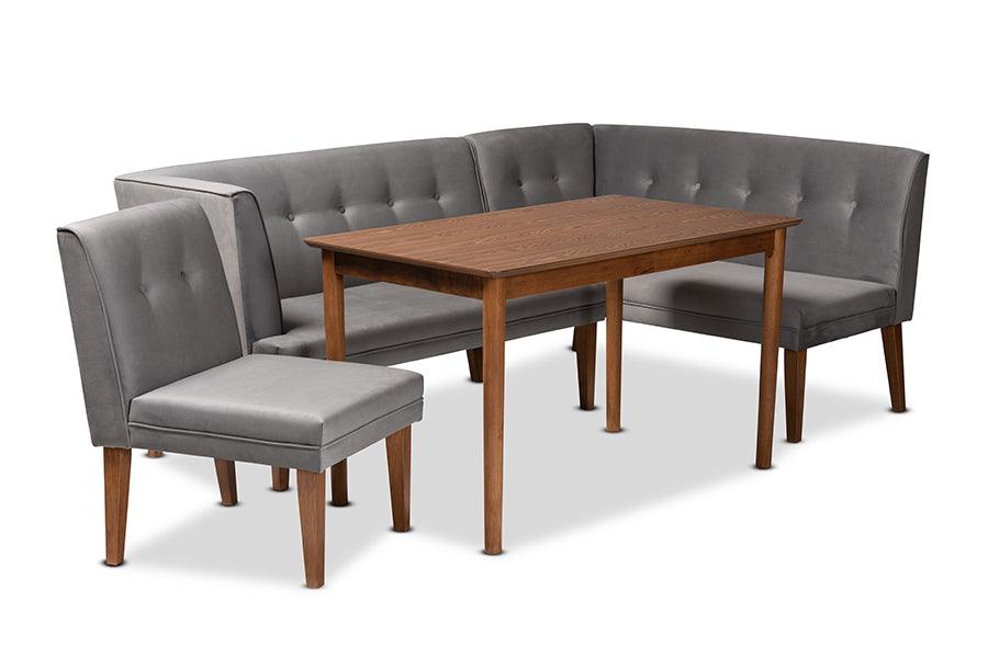 Stewart Mid-Century Modern Velvet Upholstered and Finished Wood 4-Piece Dining Nook Set