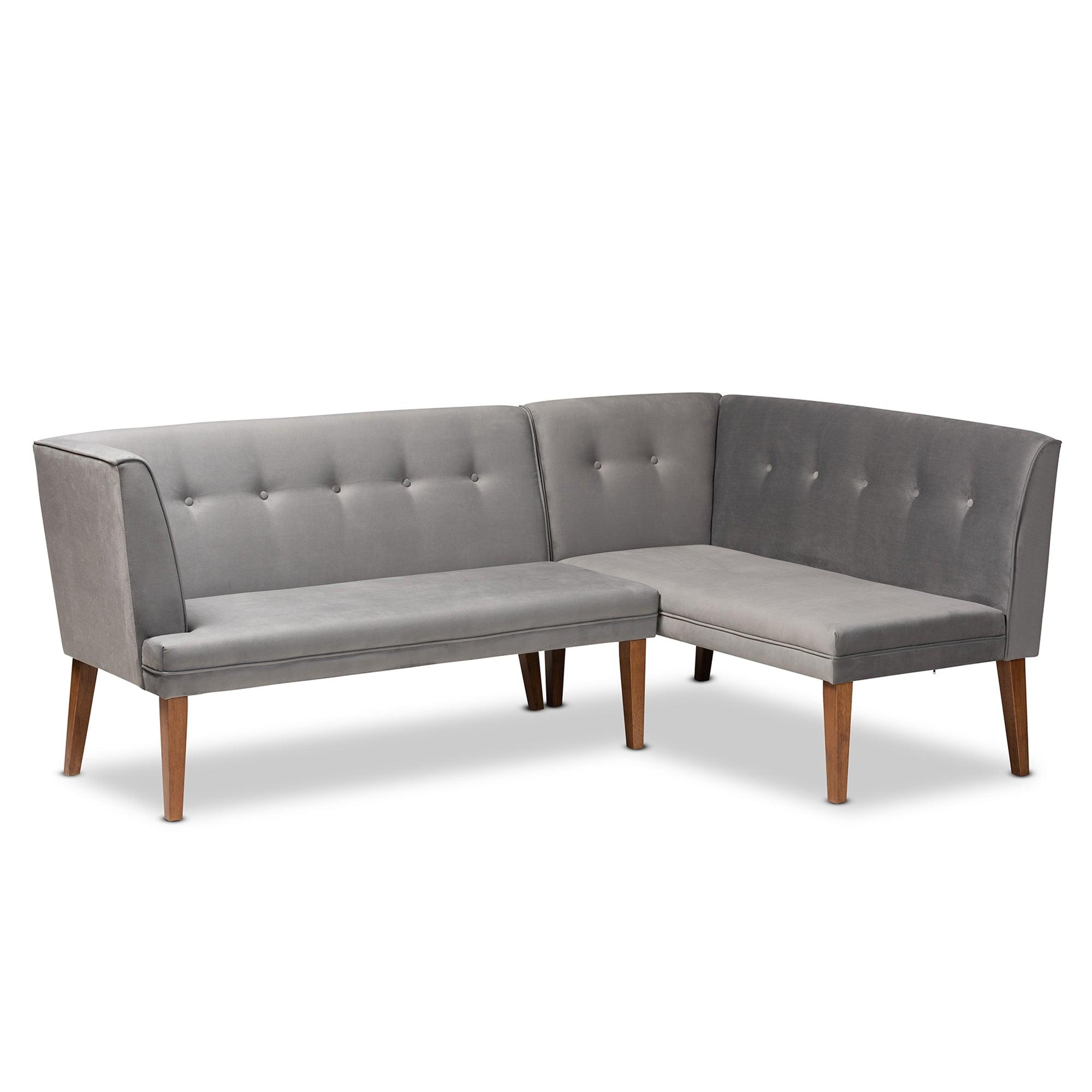 Stewart Mid-Century Modern Velvet Upholstered and Finished Wood 2-Piece Dining Nook Banquette Set