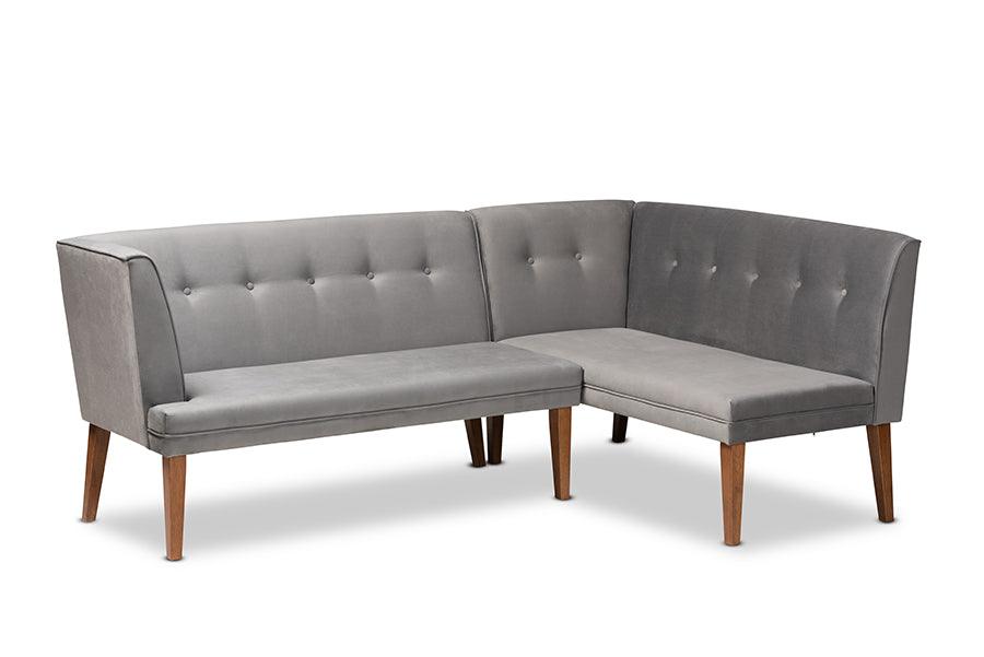 Stewart Mid-Century Modern Velvet Upholstered and Finished Wood 2-Piece Dining Nook Banquette Set