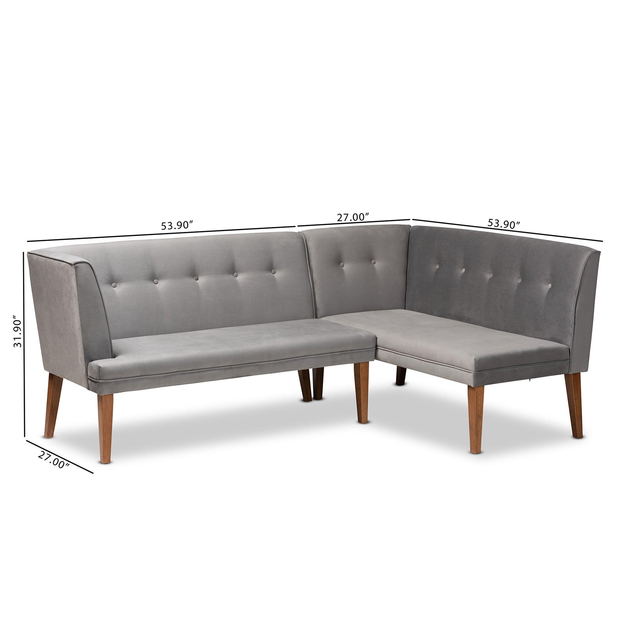 Stewart Mid-Century Modern Velvet Upholstered and Finished Wood 2-Piece Dining Nook Banquette Set