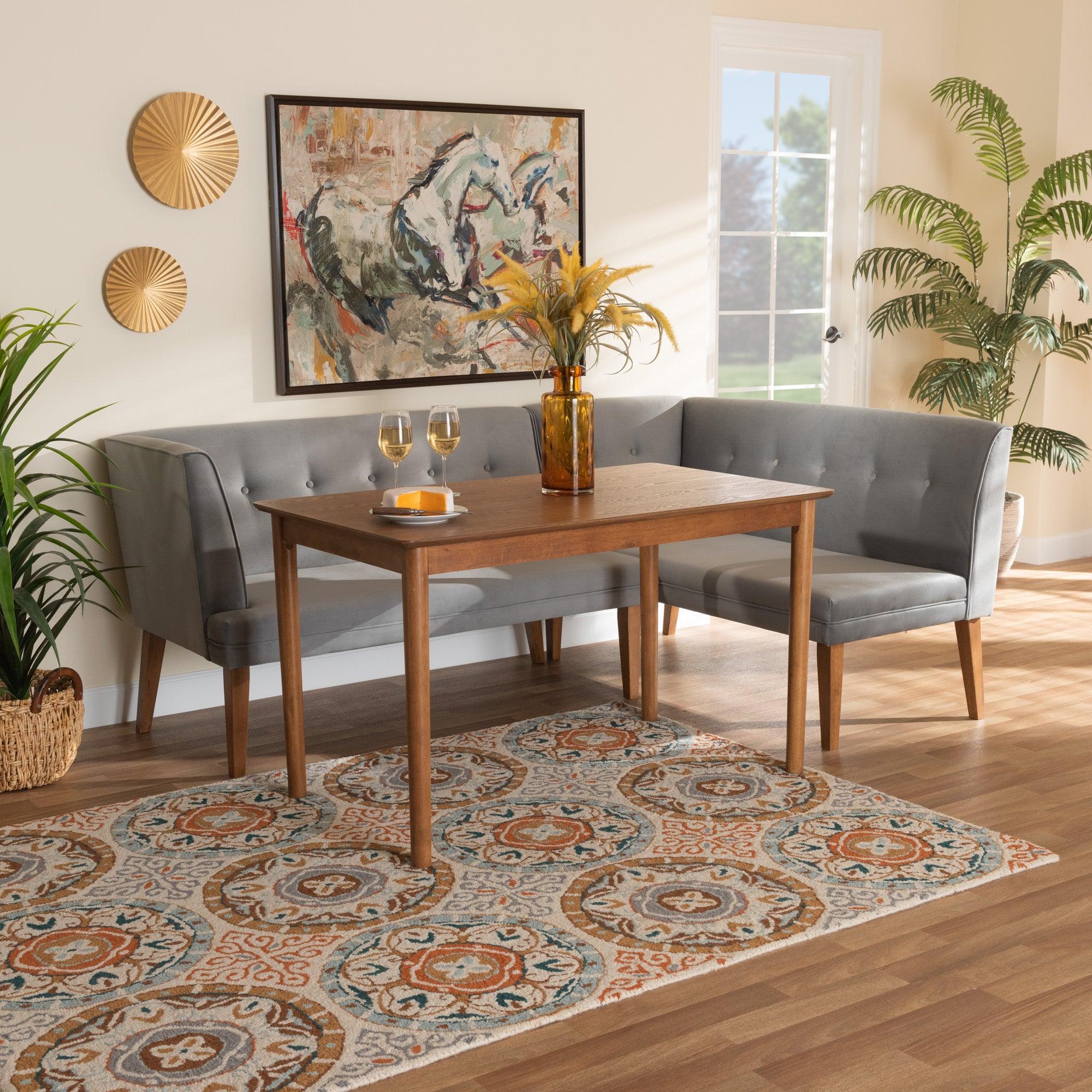 Stewart Mid-Century Modern Velvet Upholstered and Finished Wood 3-Piece Dining Nook Set