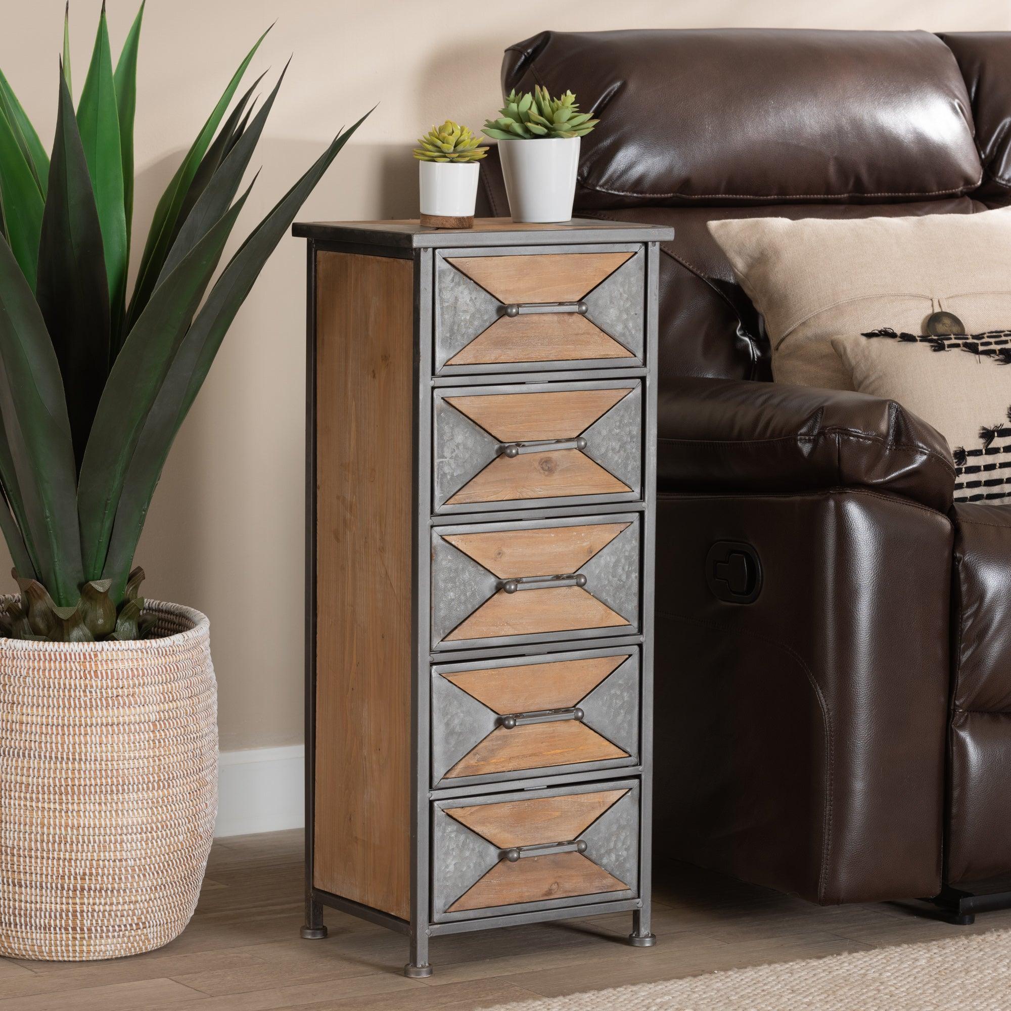 Laurel Rustic Industrial Antique Finished Metal and washed Finished Wood 5-Drawer Accent Storage Cabinet