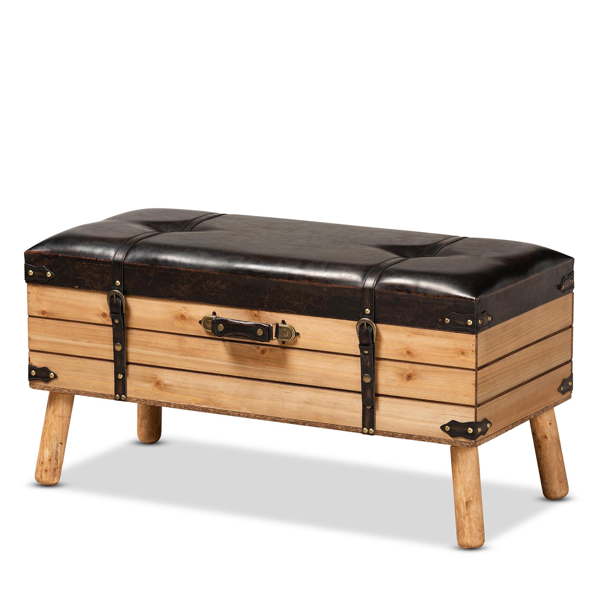 Amena Rustic Transitional PU Leather Upholstered and Finished Wood Large Storage Ottoman