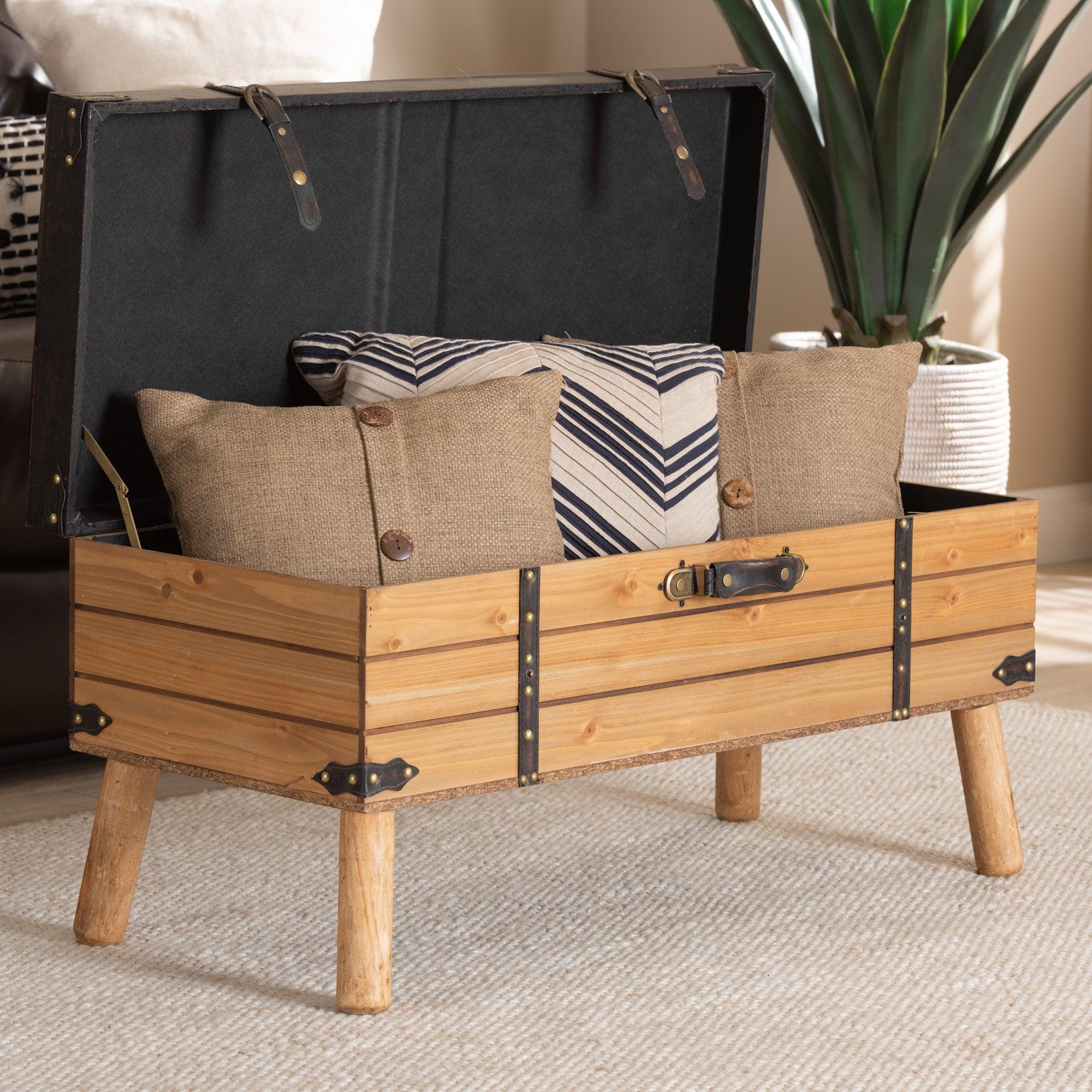 Amena Rustic Transitional PU Leather Upholstered and Finished Wood Large Storage Ottoman