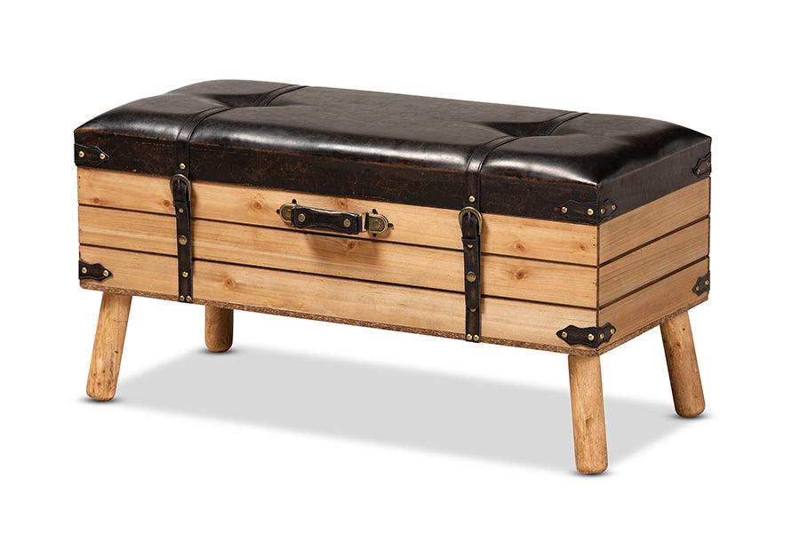 Amena Rustic Transitional PU Leather Upholstered and Finished Wood Large Storage Ottoman