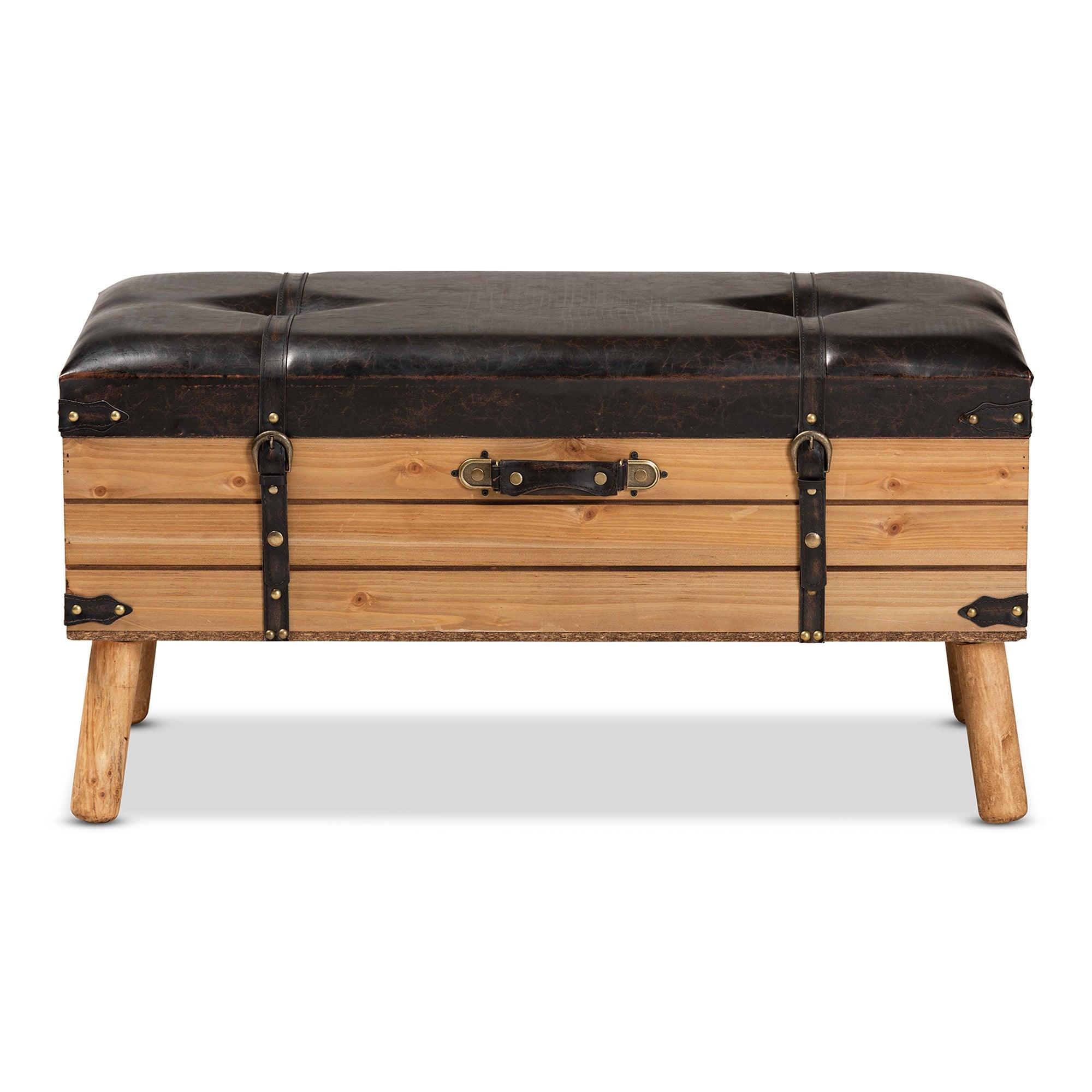 Amena Rustic Transitional PU Leather Upholstered and Finished Wood Large Storage Ottoman