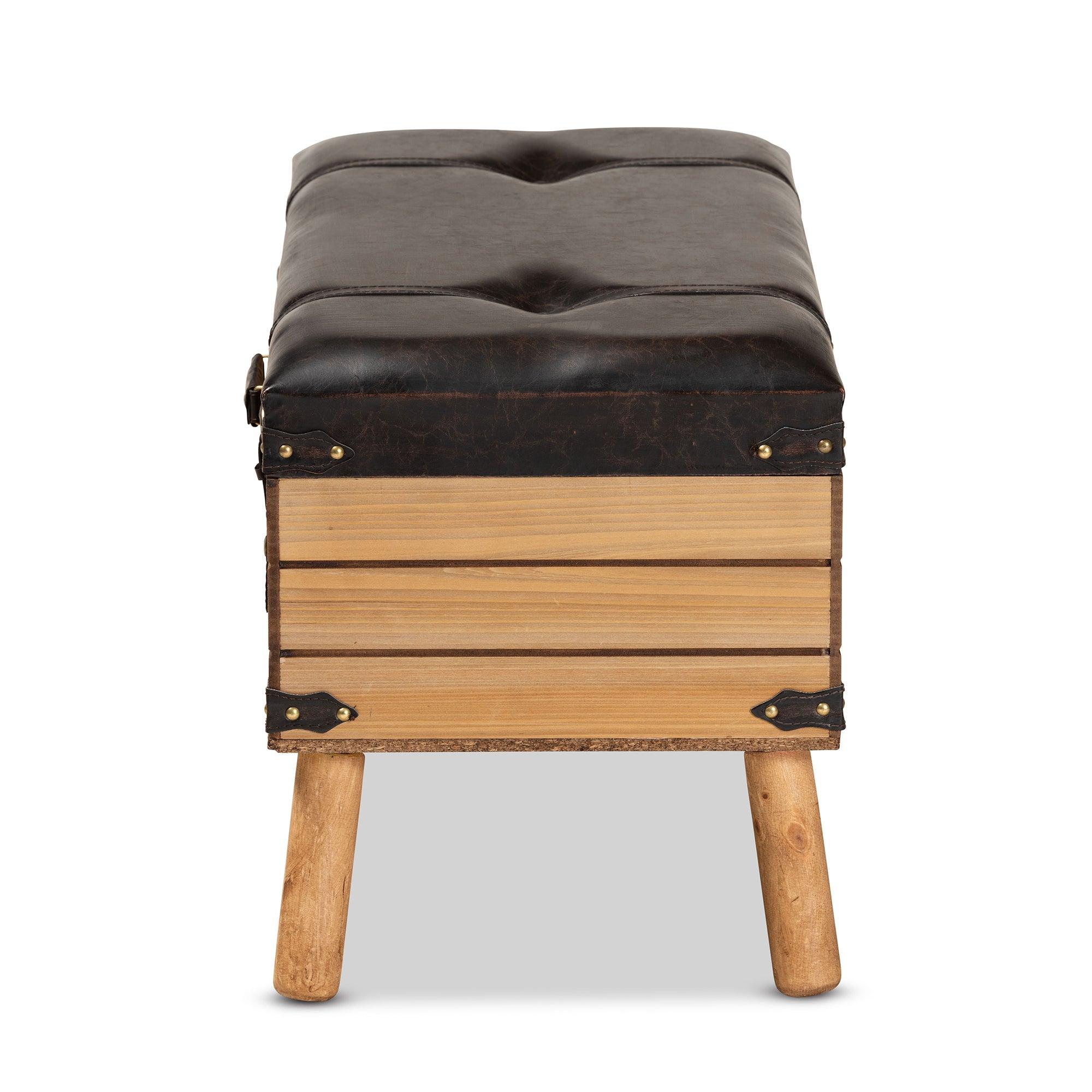 Amena Rustic Transitional PU Leather Upholstered and Finished Wood Large Storage Ottoman