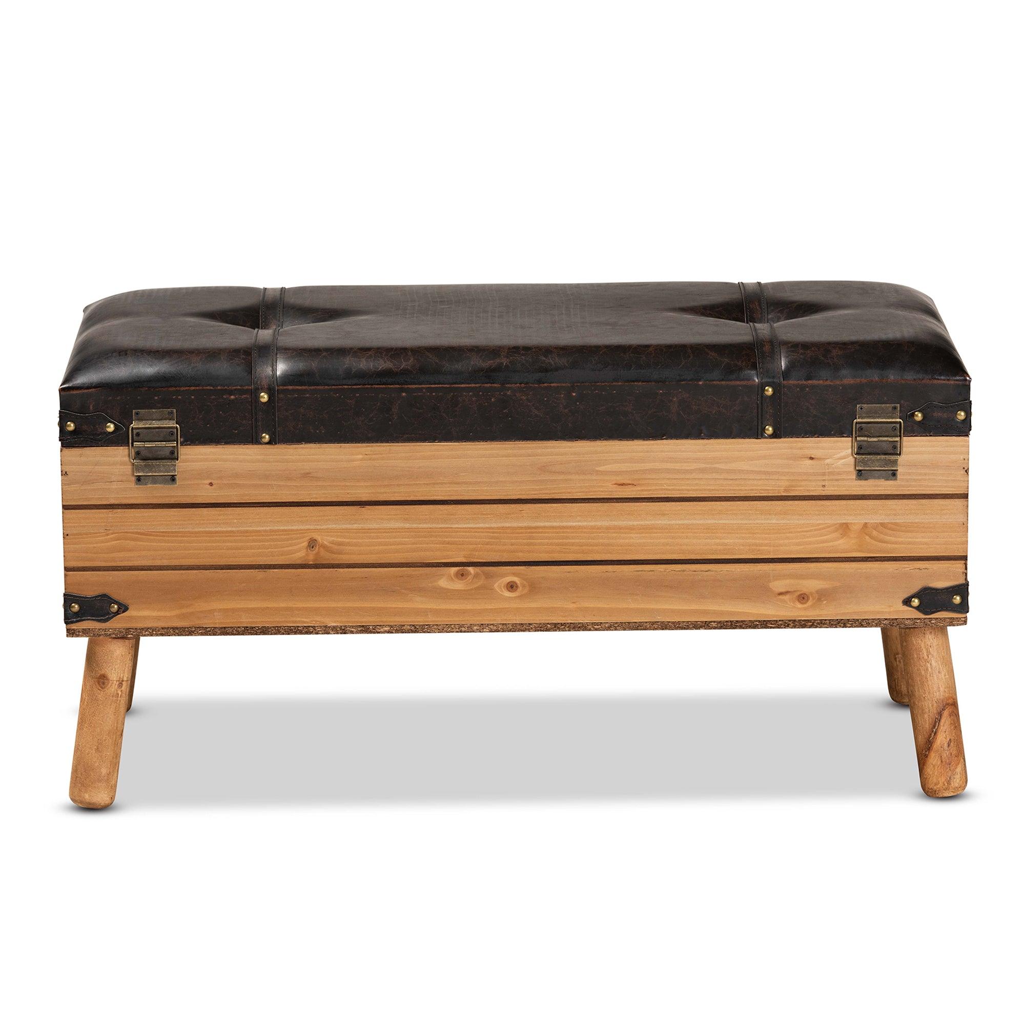 Amena Rustic Transitional PU Leather Upholstered and Finished Wood Large Storage Ottoman