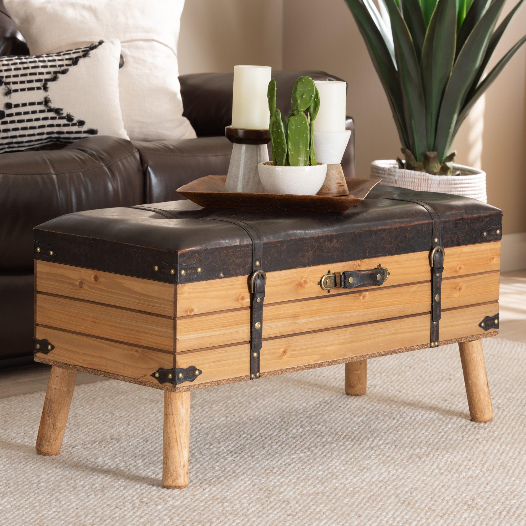 Amena Rustic Transitional PU Leather Upholstered and Finished Wood Large Storage Ottoman