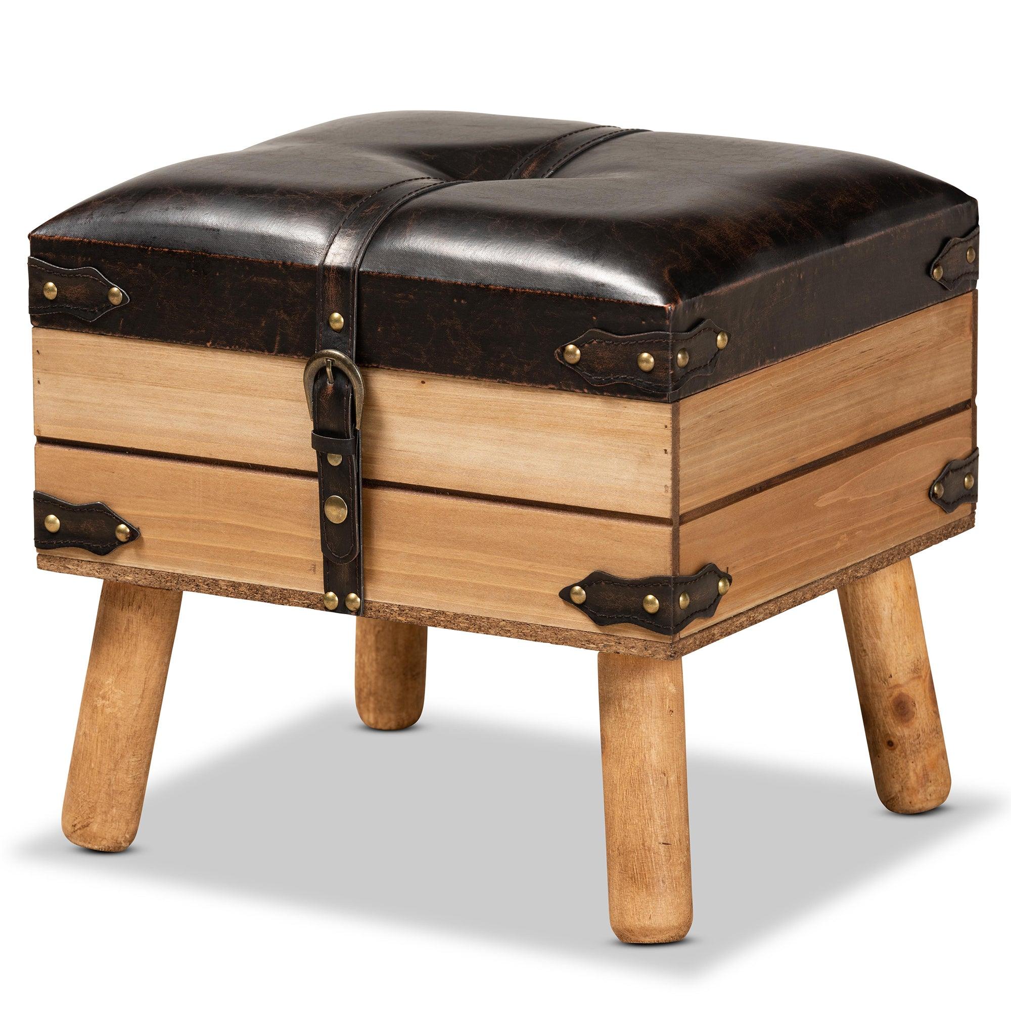 Amena Rustic Transitional PU Leather Upholstered and Finished Wood Small Storage Ottoman