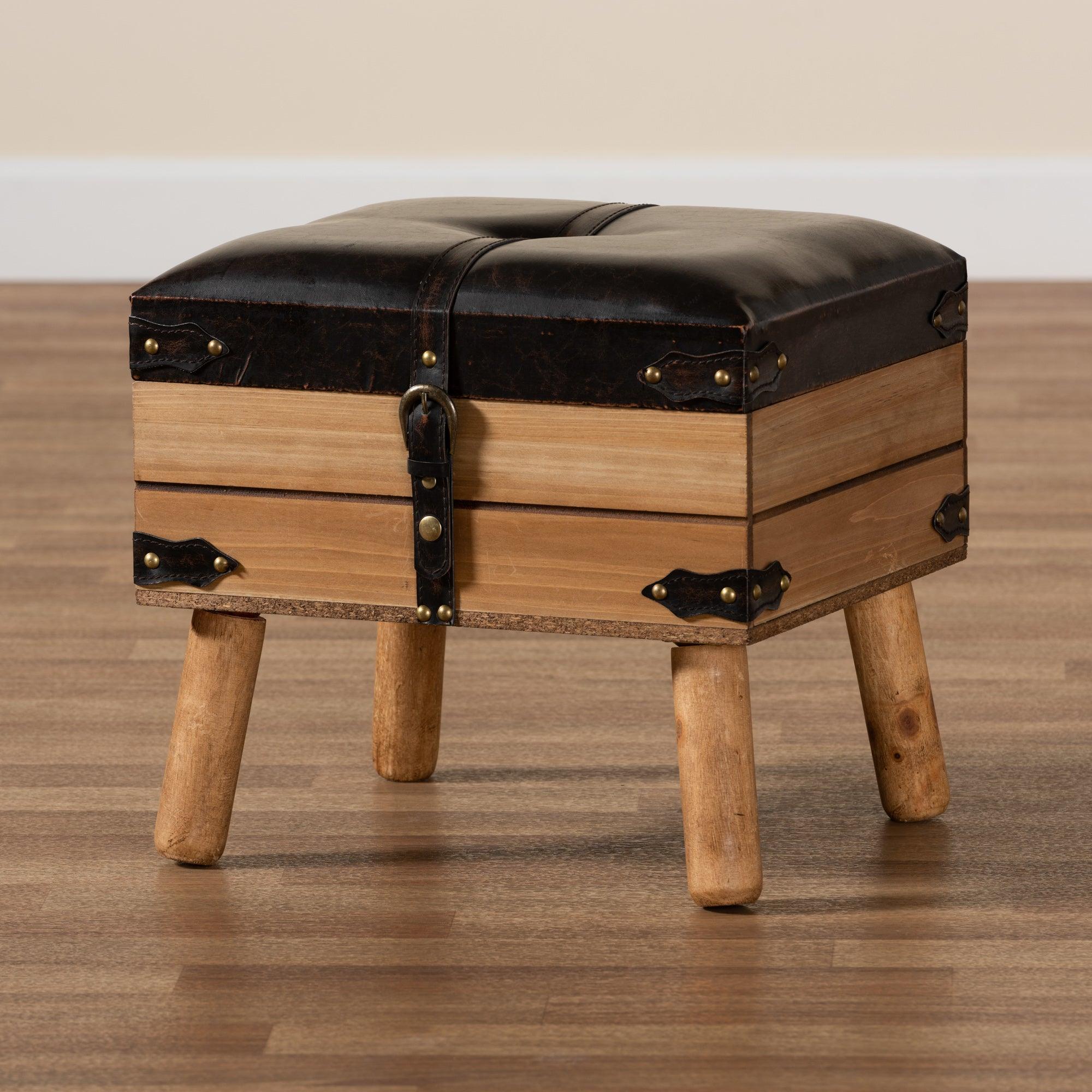 Amena Rustic Transitional PU Leather Upholstered and Finished Wood Small Storage Ottoman