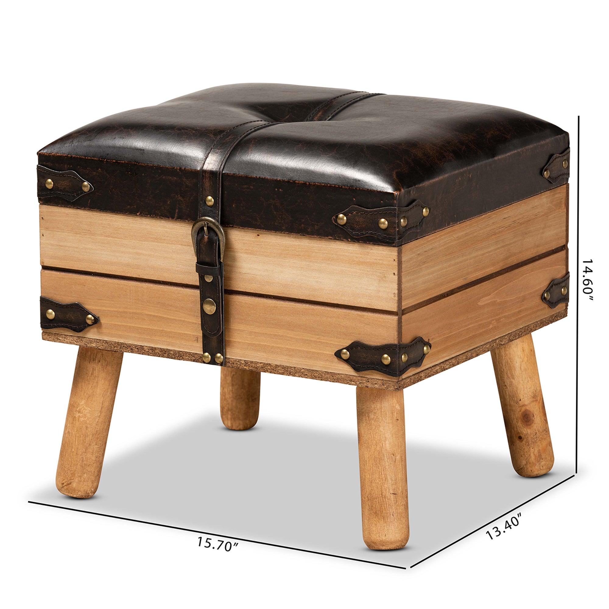 Amena Rustic Transitional PU Leather Upholstered and Finished Wood Small Storage Ottoman