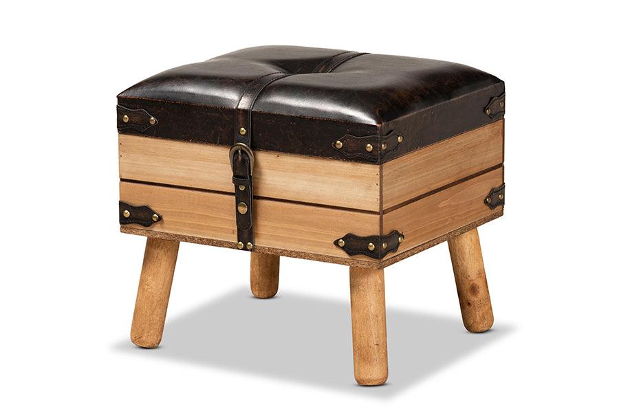 Amena Rustic Transitional PU Leather Upholstered and Finished Wood Small Storage Ottoman