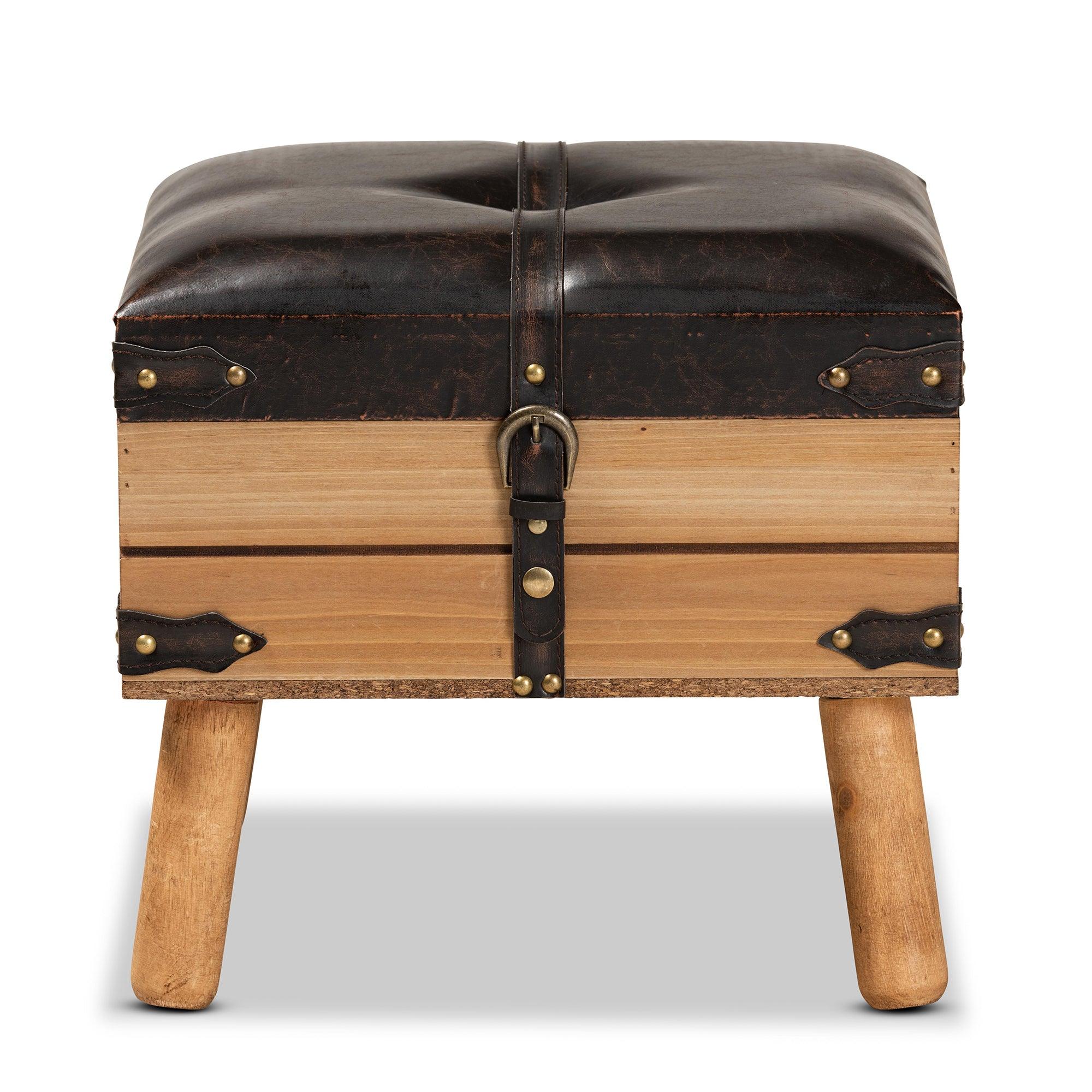 Amena Rustic Transitional PU Leather Upholstered and Finished Wood Small Storage Ottoman