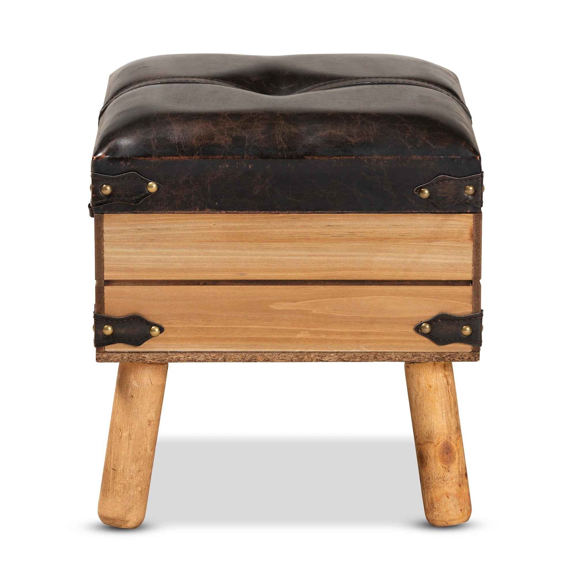 Amena Rustic Transitional PU Leather Upholstered and Finished Wood Small Storage Ottoman