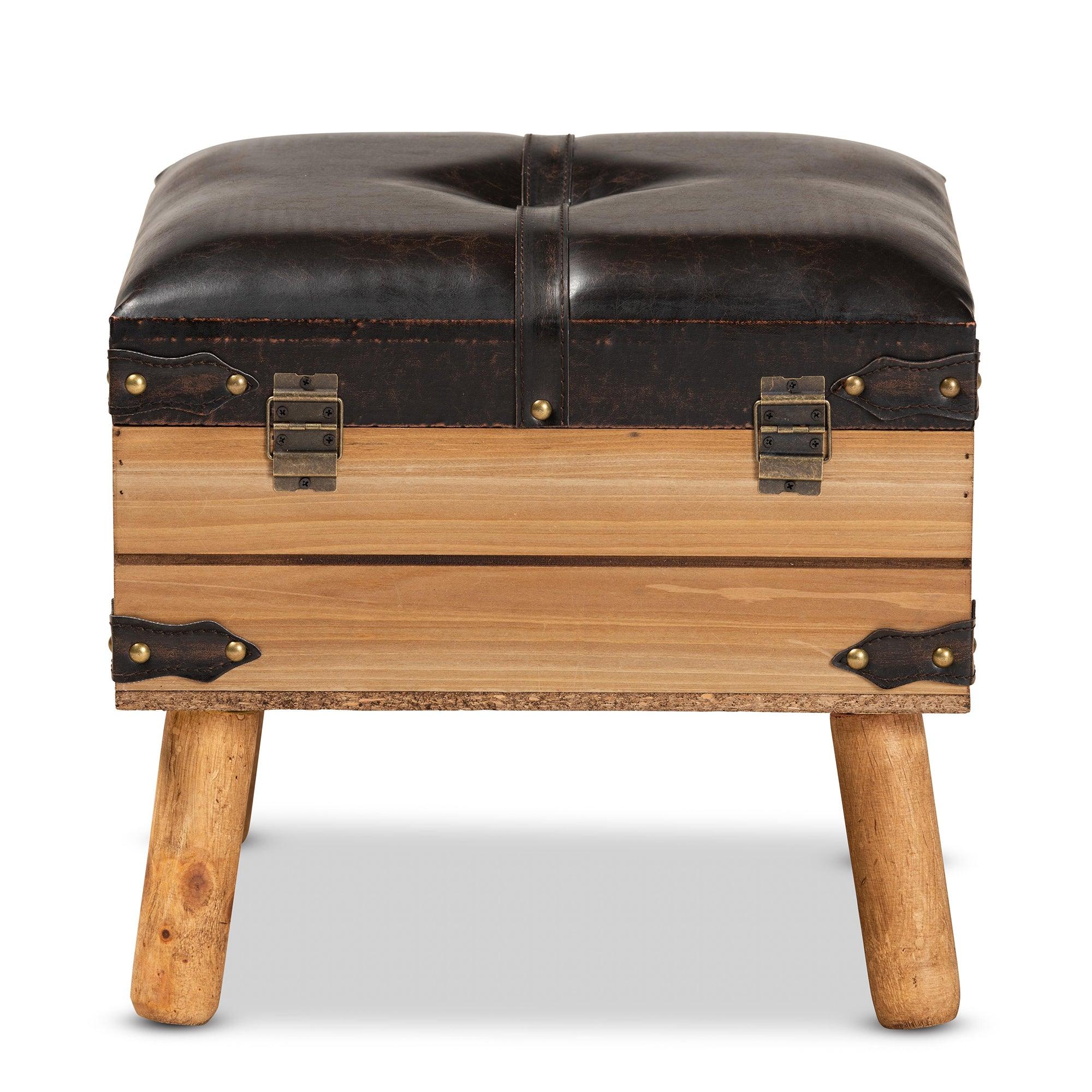 Amena Rustic Transitional PU Leather Upholstered and Finished Wood Small Storage Ottoman