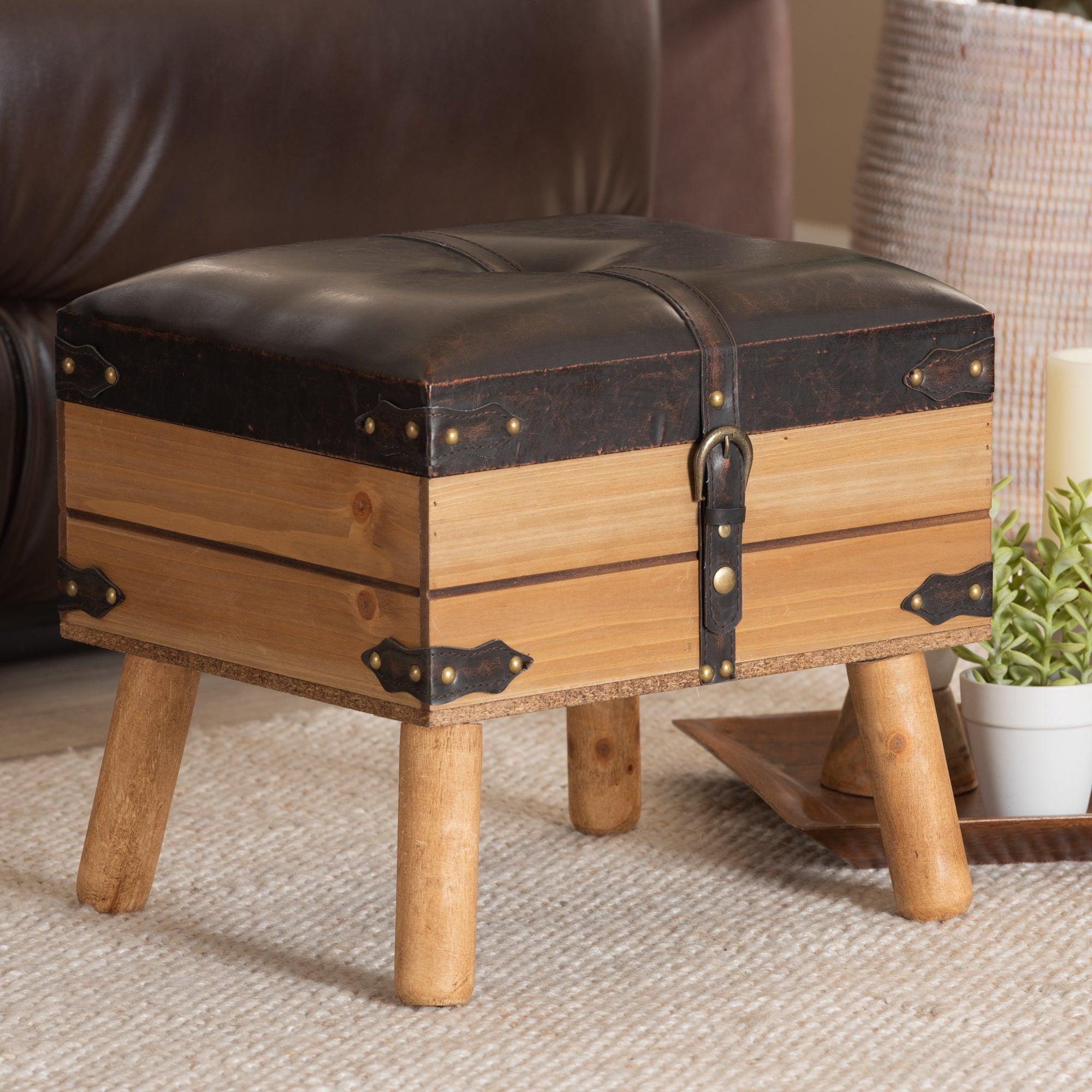 Amena Rustic Transitional PU Leather Upholstered and Finished Wood Small Storage Ottoman