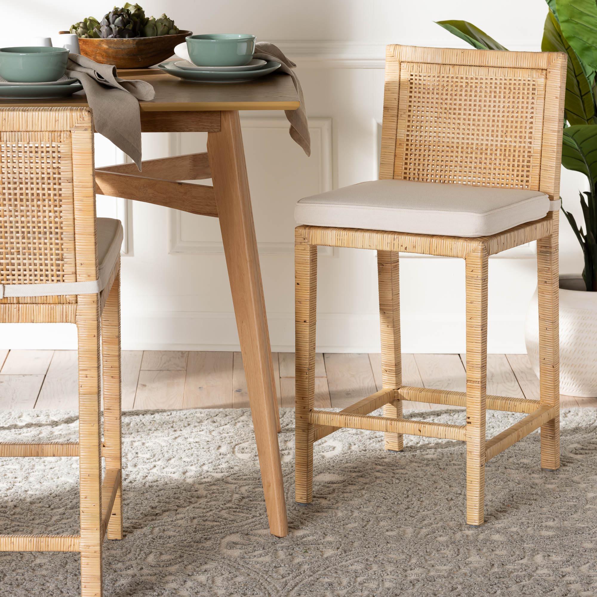 bali & pari Sofia Modern and Contemporary Finished Wood and Rattan Counter Stool