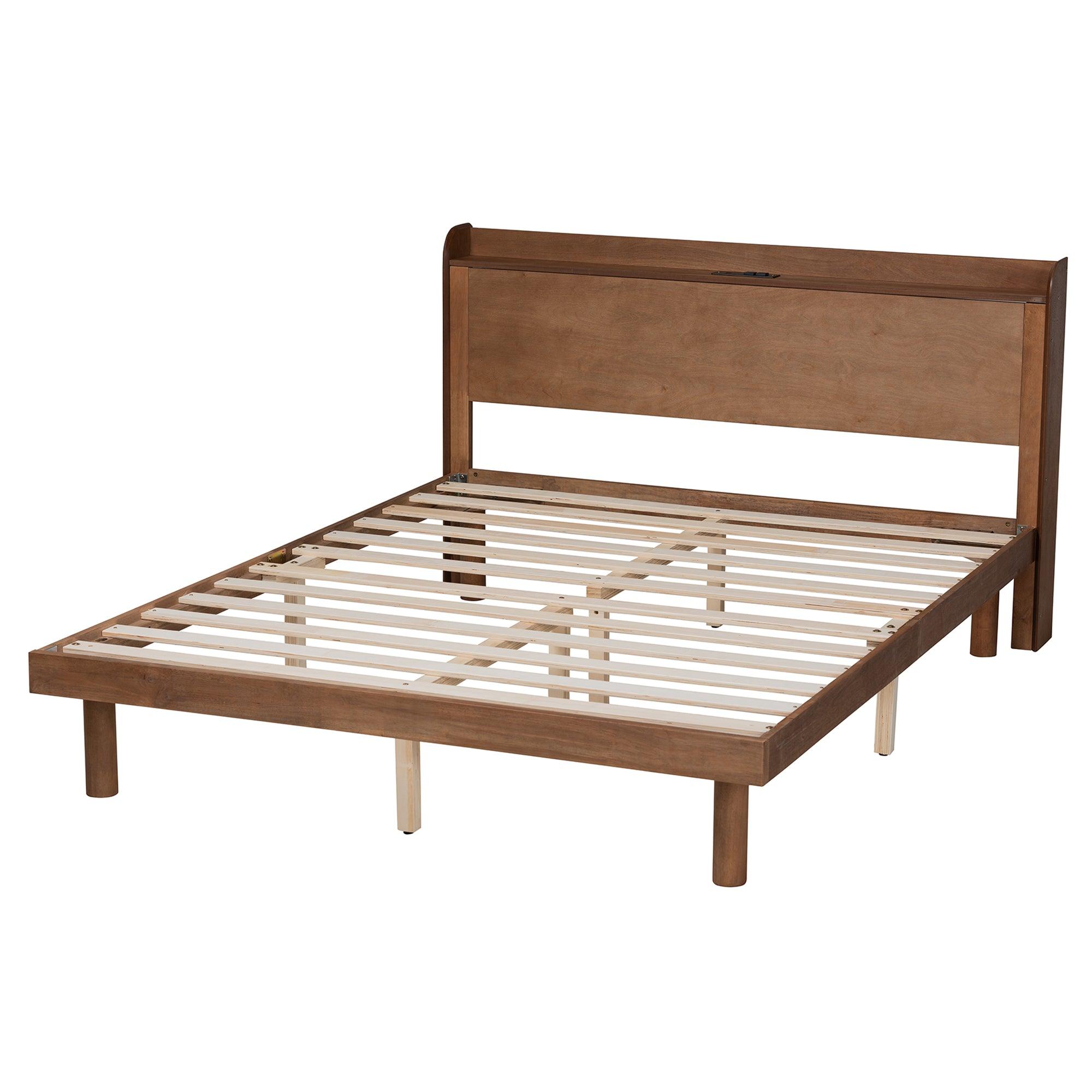 Decker Mid-Century Modern Transitional Finished Wood Platform Bed with Charging Station