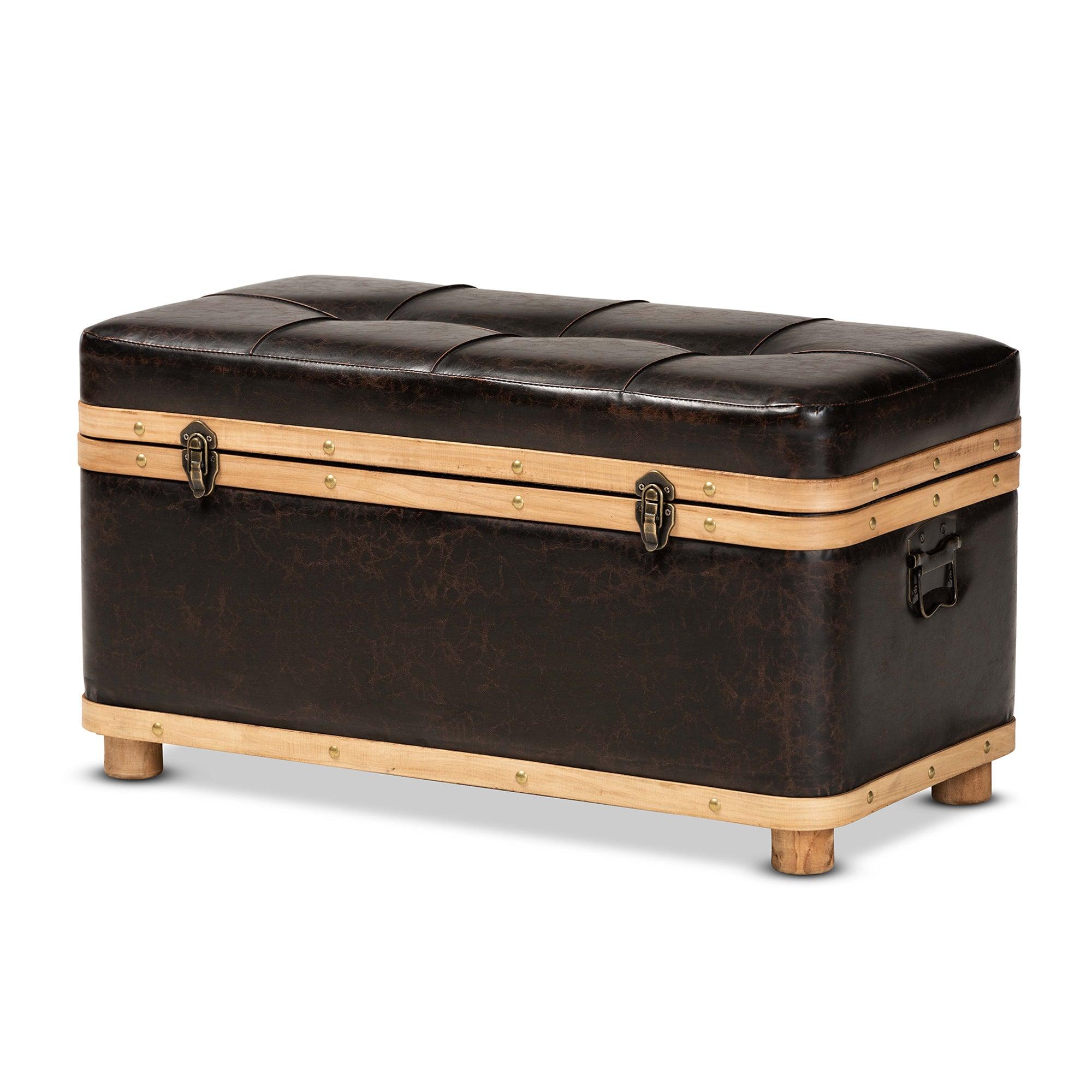 Gendry Modern Rustic Transitional Faux Leather Upholstered and Finished Wood Large Storage Ottoman