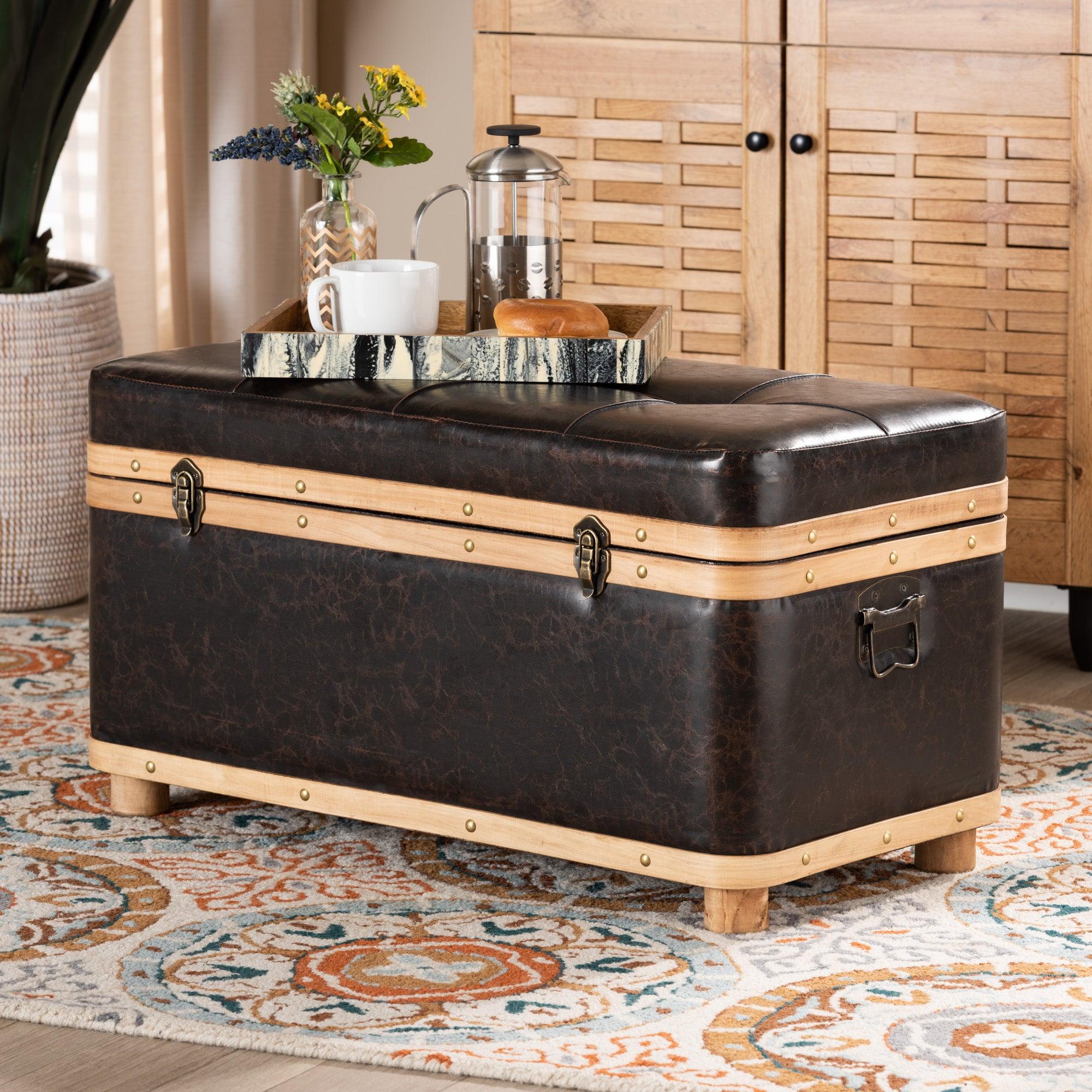 Gendry Modern Rustic Transitional Faux Leather Upholstered and Finished Wood Large Storage Ottoman