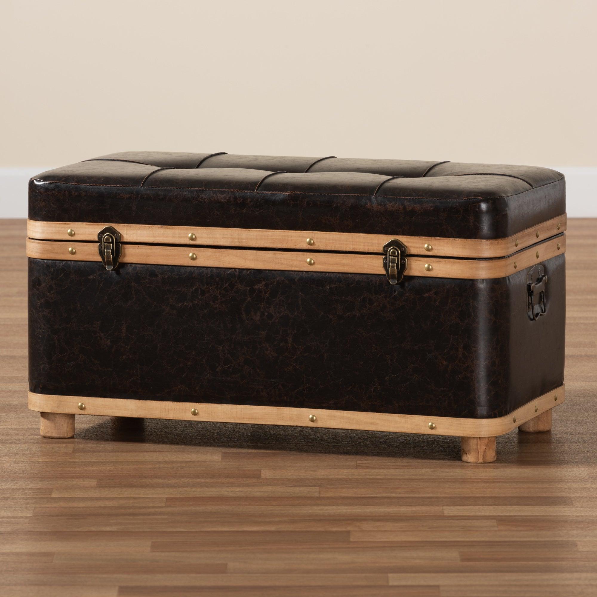 Gendry Modern Rustic Transitional Faux Leather Upholstered and Finished Wood Large Storage Ottoman