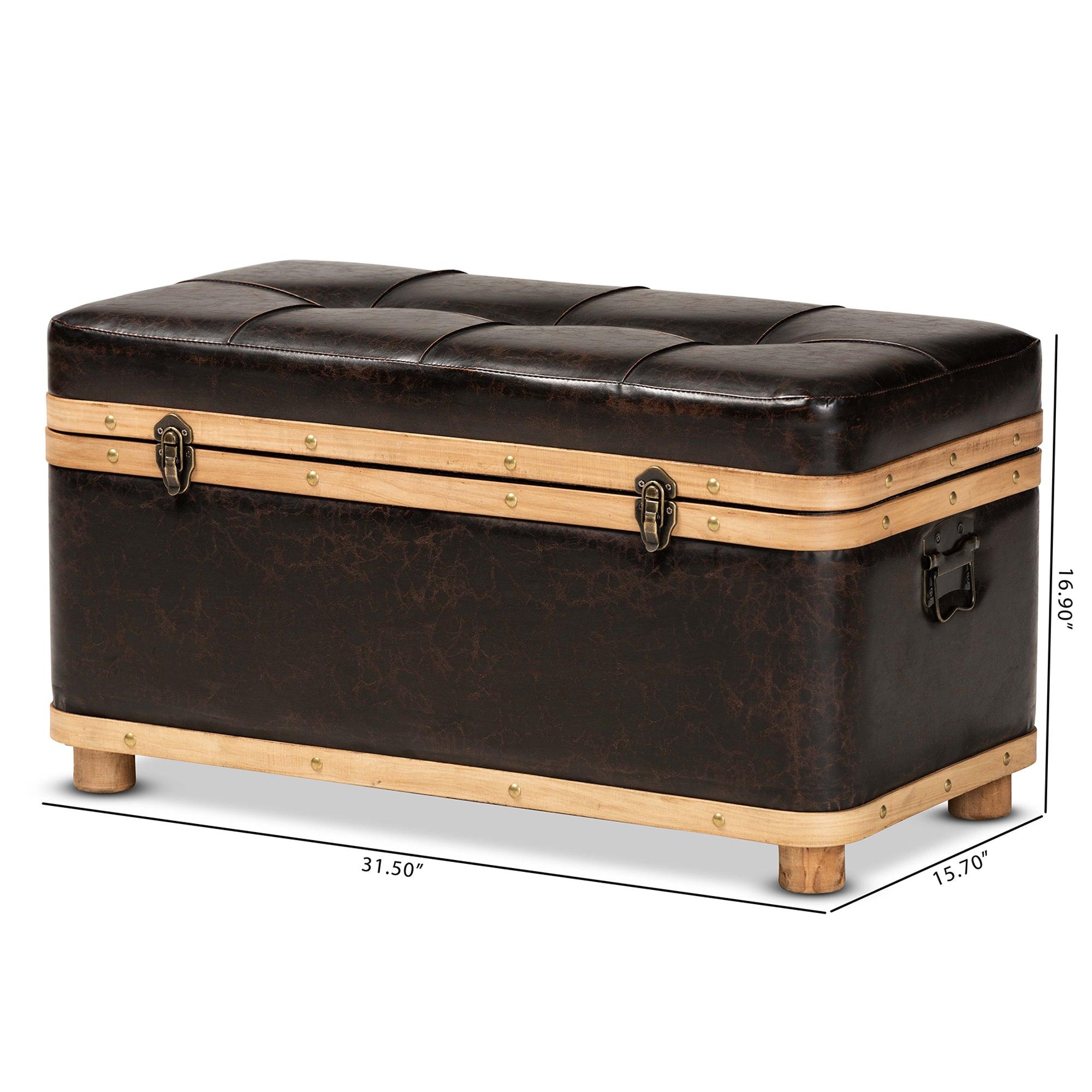 Gendry Modern Rustic Transitional Faux Leather Upholstered and Finished Wood Large Storage Ottoman