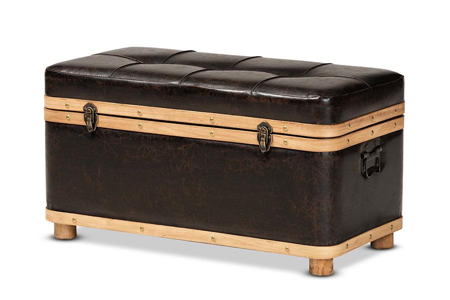 Gendry Modern Rustic Transitional Faux Leather Upholstered and Finished Wood Large Storage Ottoman