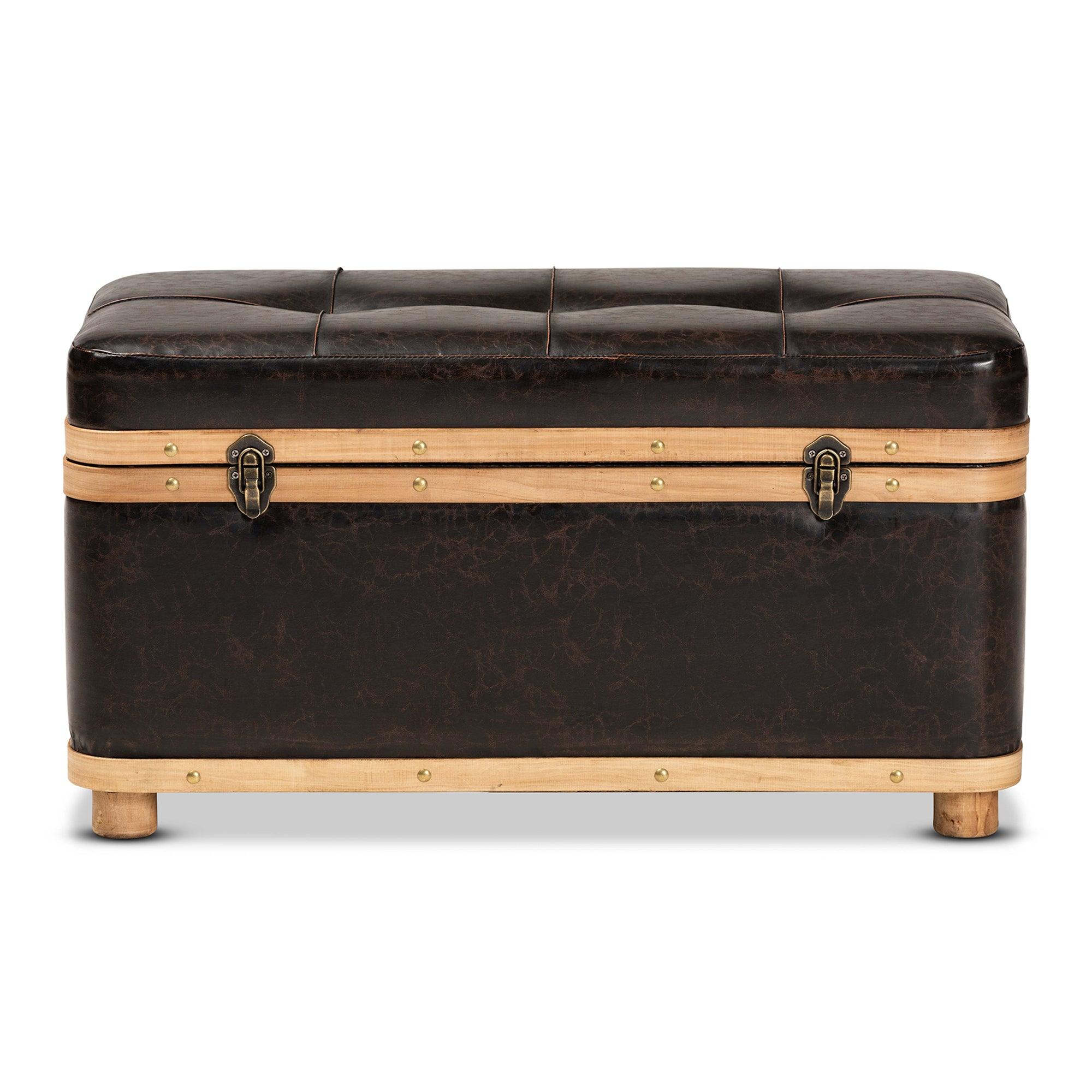 Gendry Modern Rustic Transitional Faux Leather Upholstered and Finished Wood Large Storage Ottoman