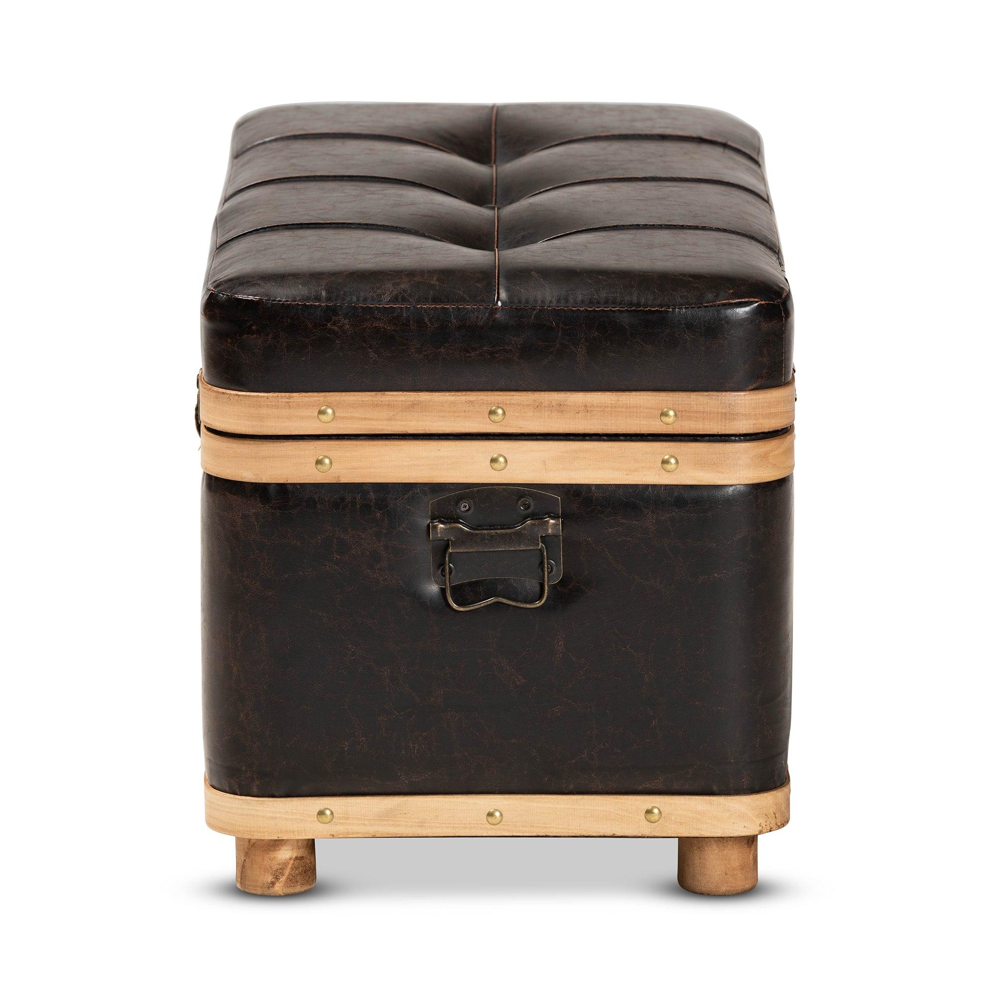 Gendry Modern Rustic Transitional Faux Leather Upholstered and Finished Wood Large Storage Ottoman