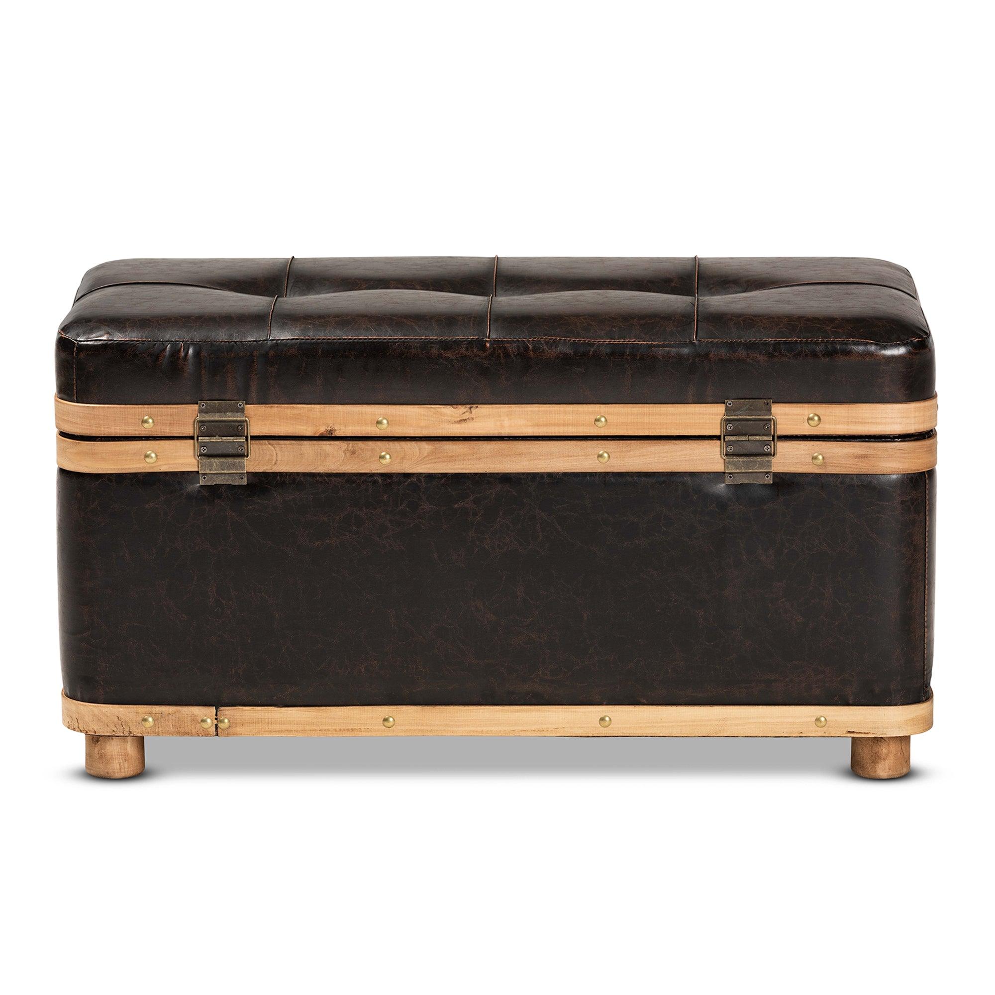 Gendry Modern Rustic Transitional Faux Leather Upholstered and Finished Wood Large Storage Ottoman