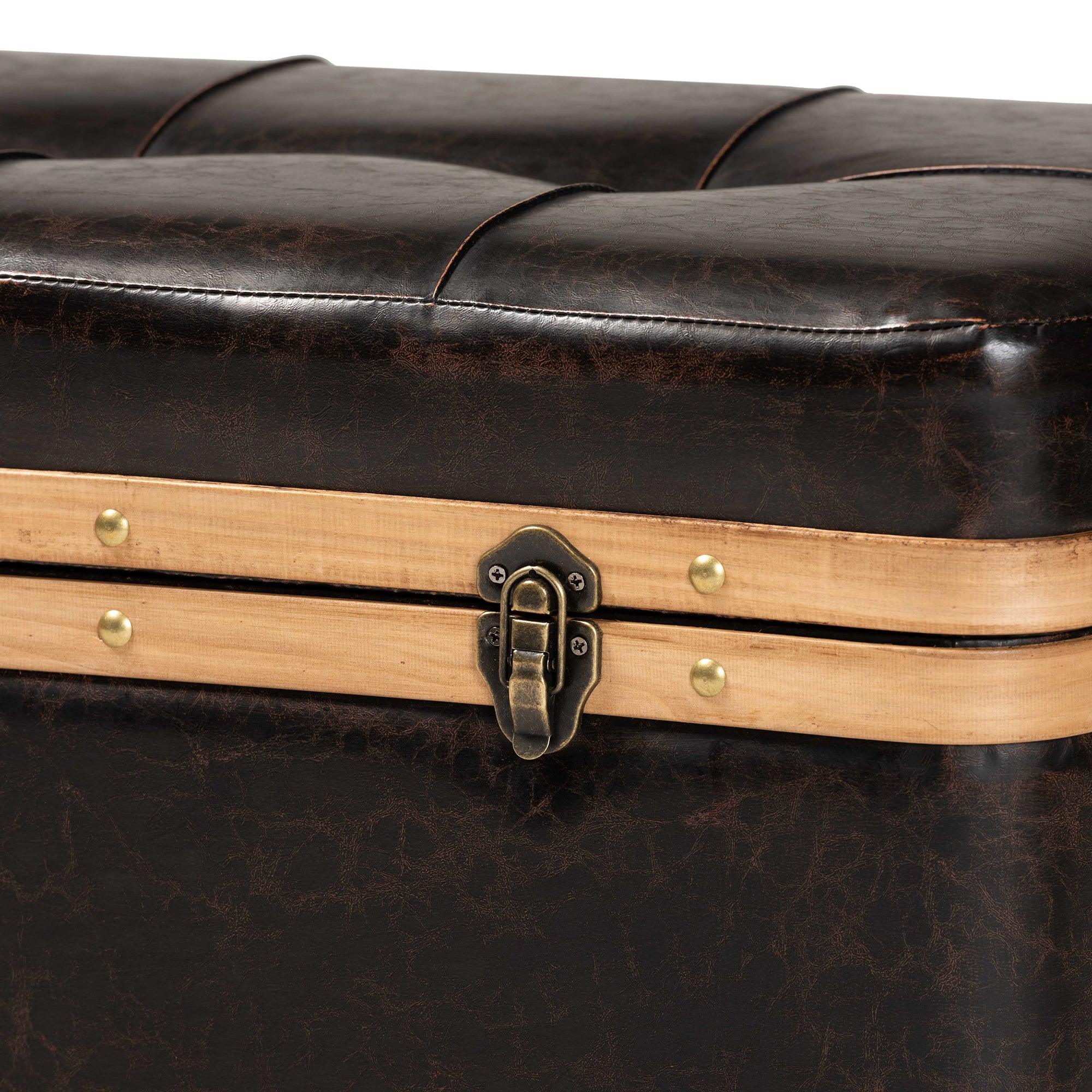 Gendry Modern Rustic Transitional Faux Leather Upholstered and Finished Wood Large Storage Ottoman