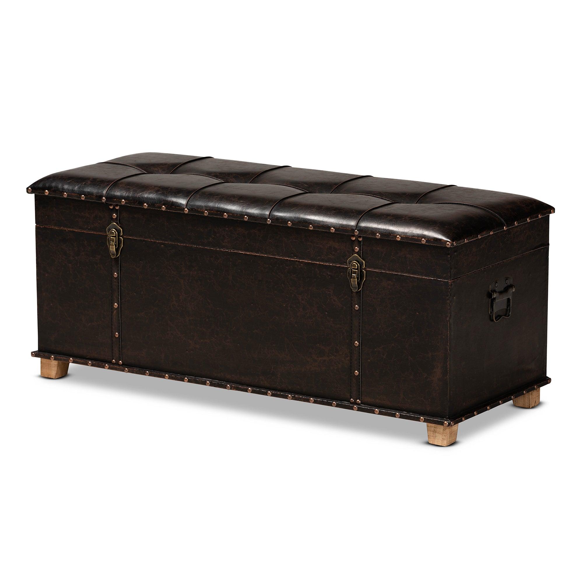 Janna Rustic Transitional Faux Leather Upholstered and Finished Wood Storage Ottoman