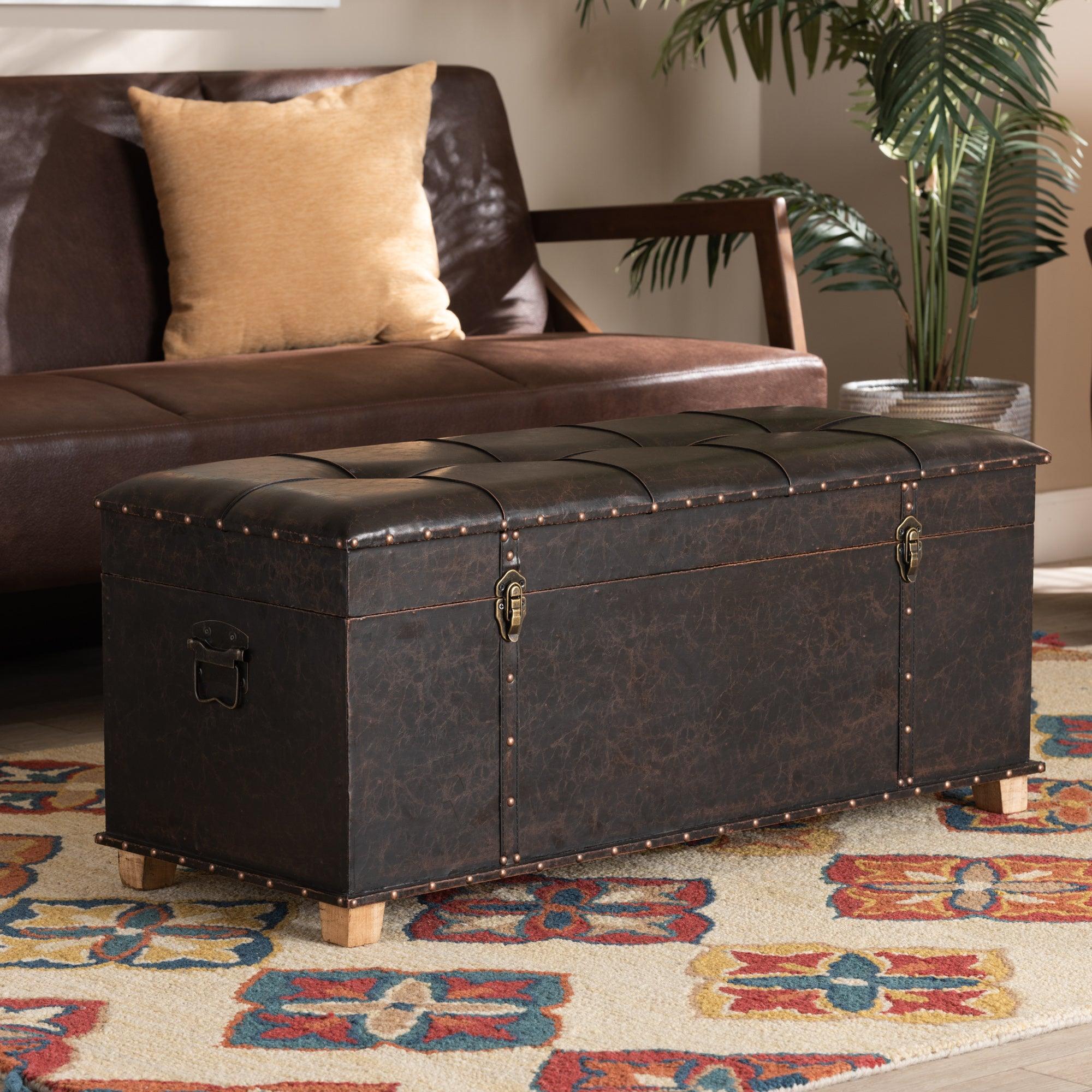 Janna Rustic Transitional Faux Leather Upholstered and Finished Wood Storage Ottoman