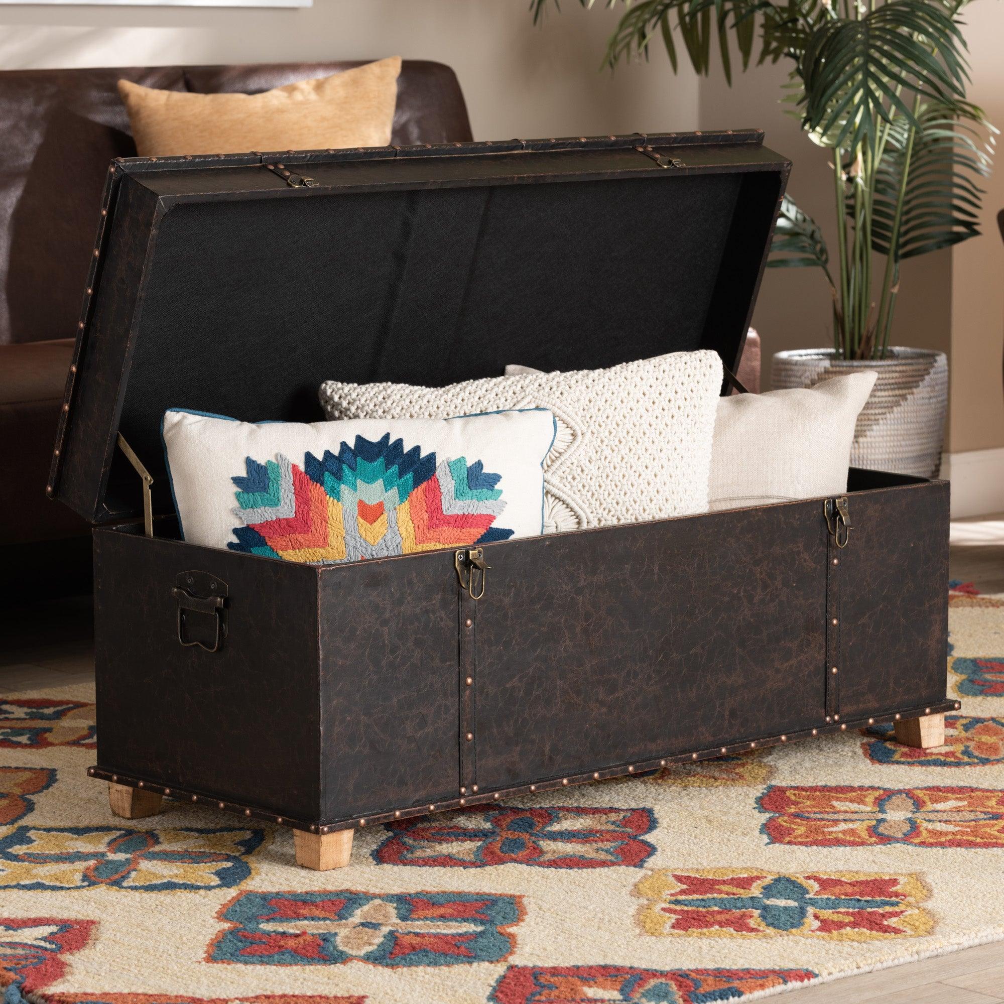 Janna Rustic Transitional Faux Leather Upholstered and Finished Wood Storage Ottoman