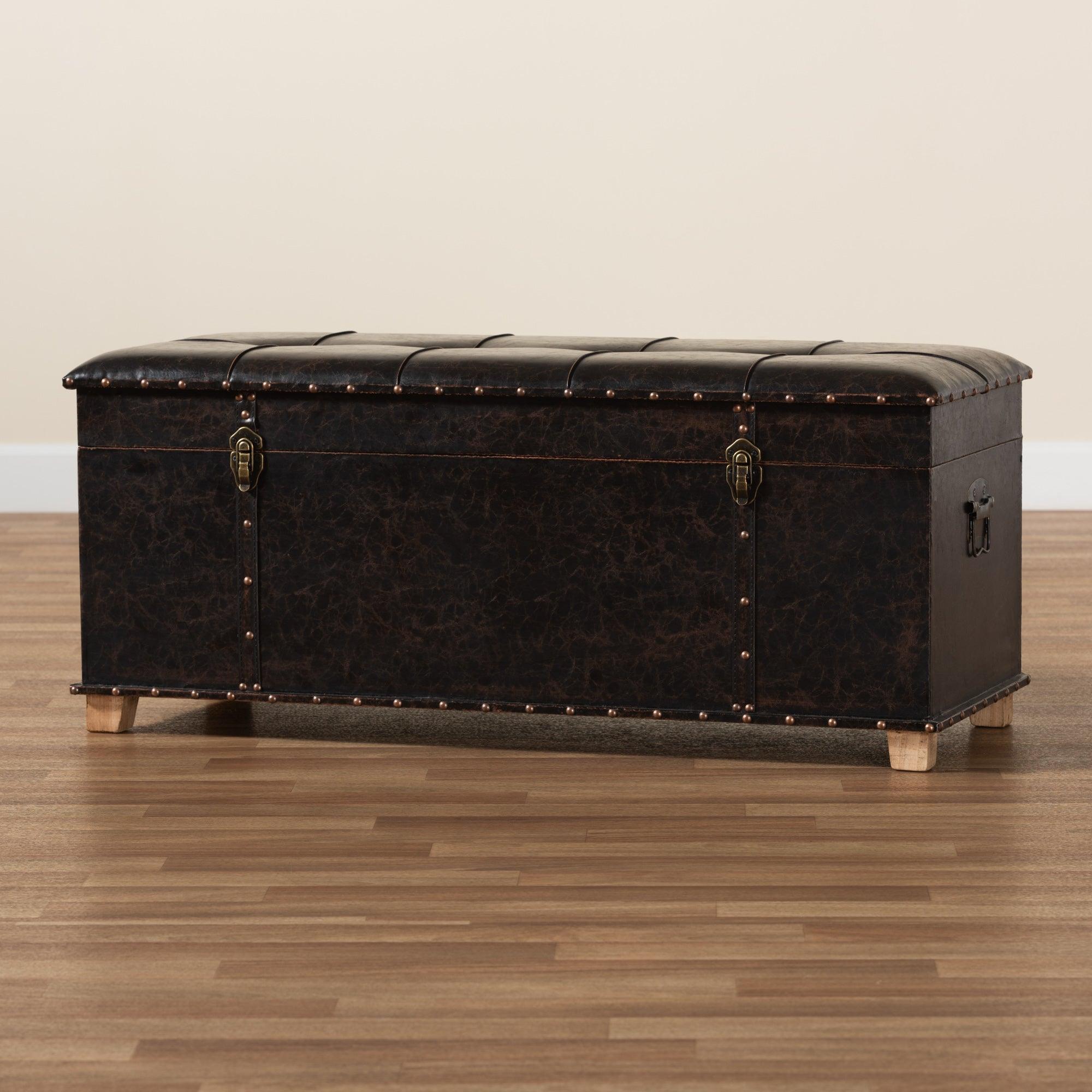 Janna Rustic Transitional Faux Leather Upholstered and Finished Wood Storage Ottoman