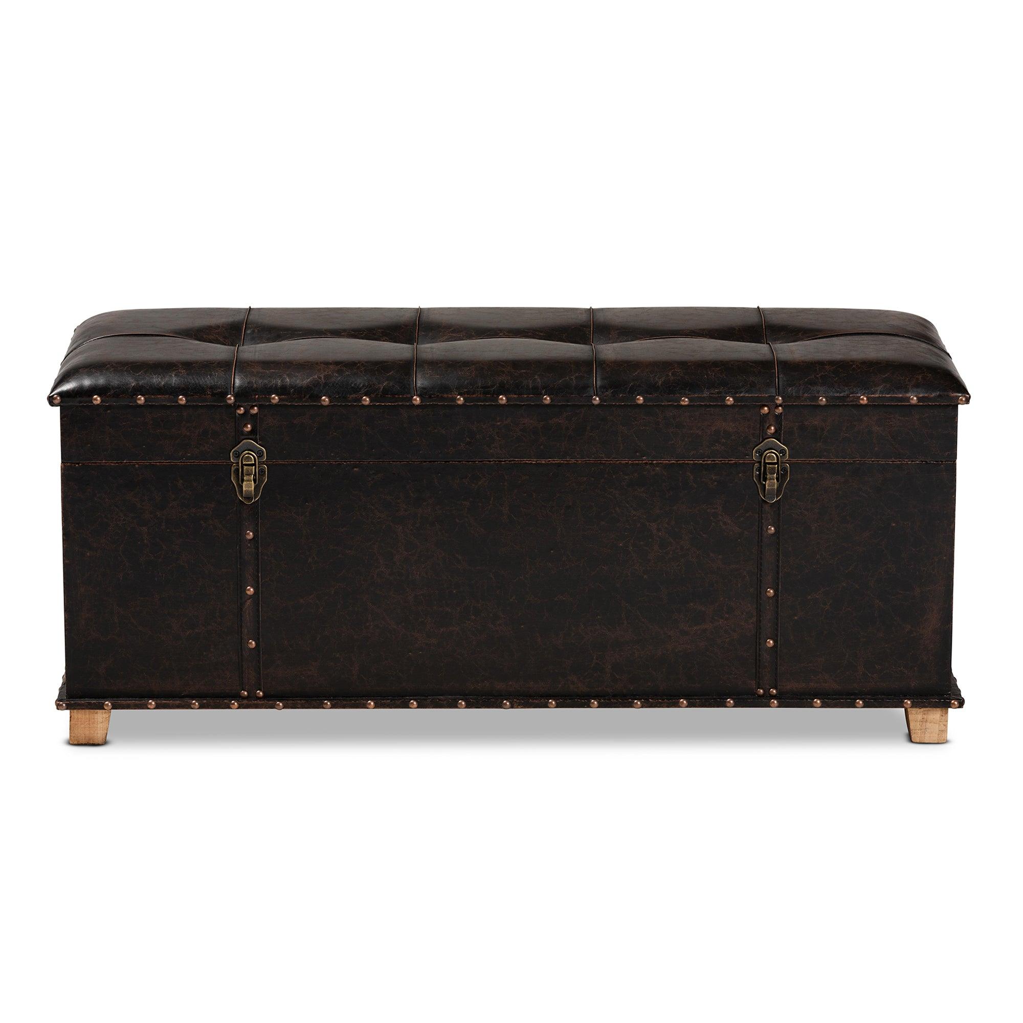 Janna Rustic Transitional Faux Leather Upholstered and Finished Wood Storage Ottoman