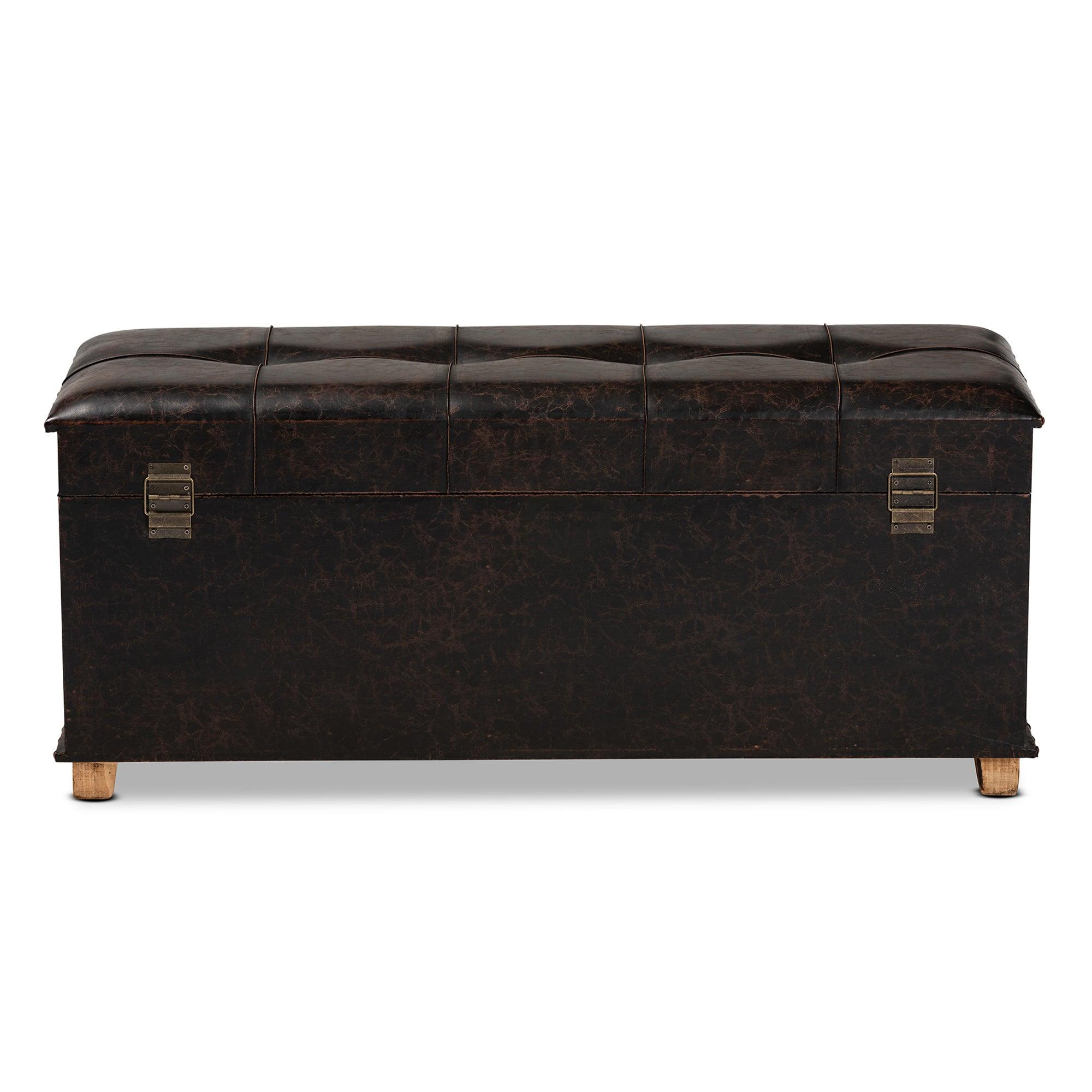 Janna Rustic Transitional Faux Leather Upholstered and Finished Wood Storage Ottoman